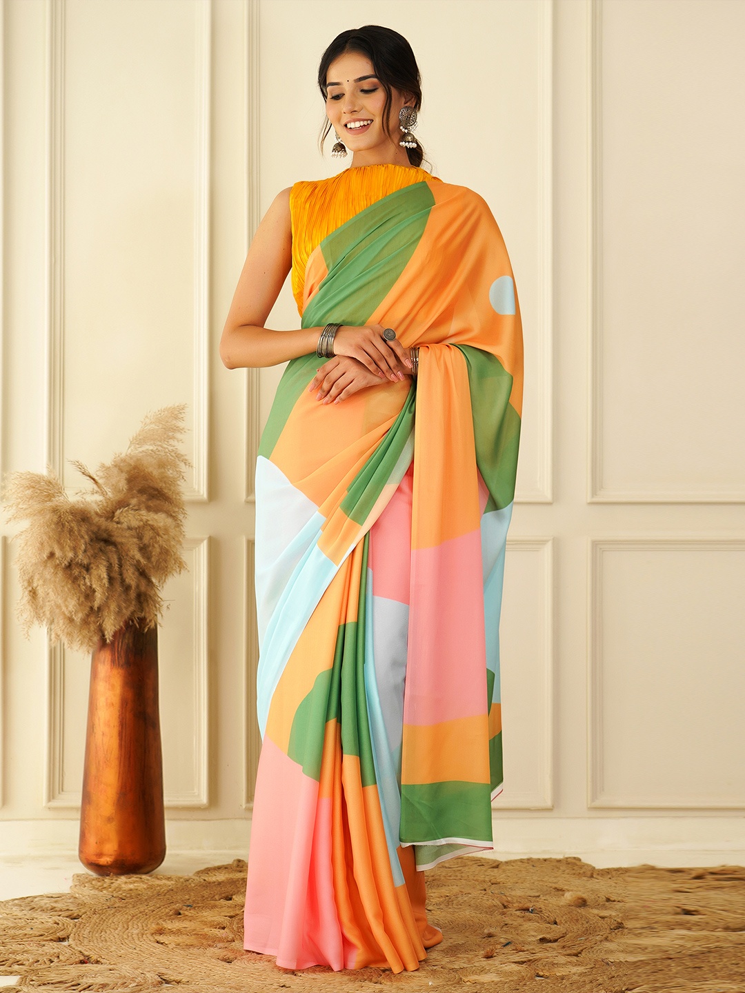 

saree.com Colourblocked Poly Crepe Saree, Orange