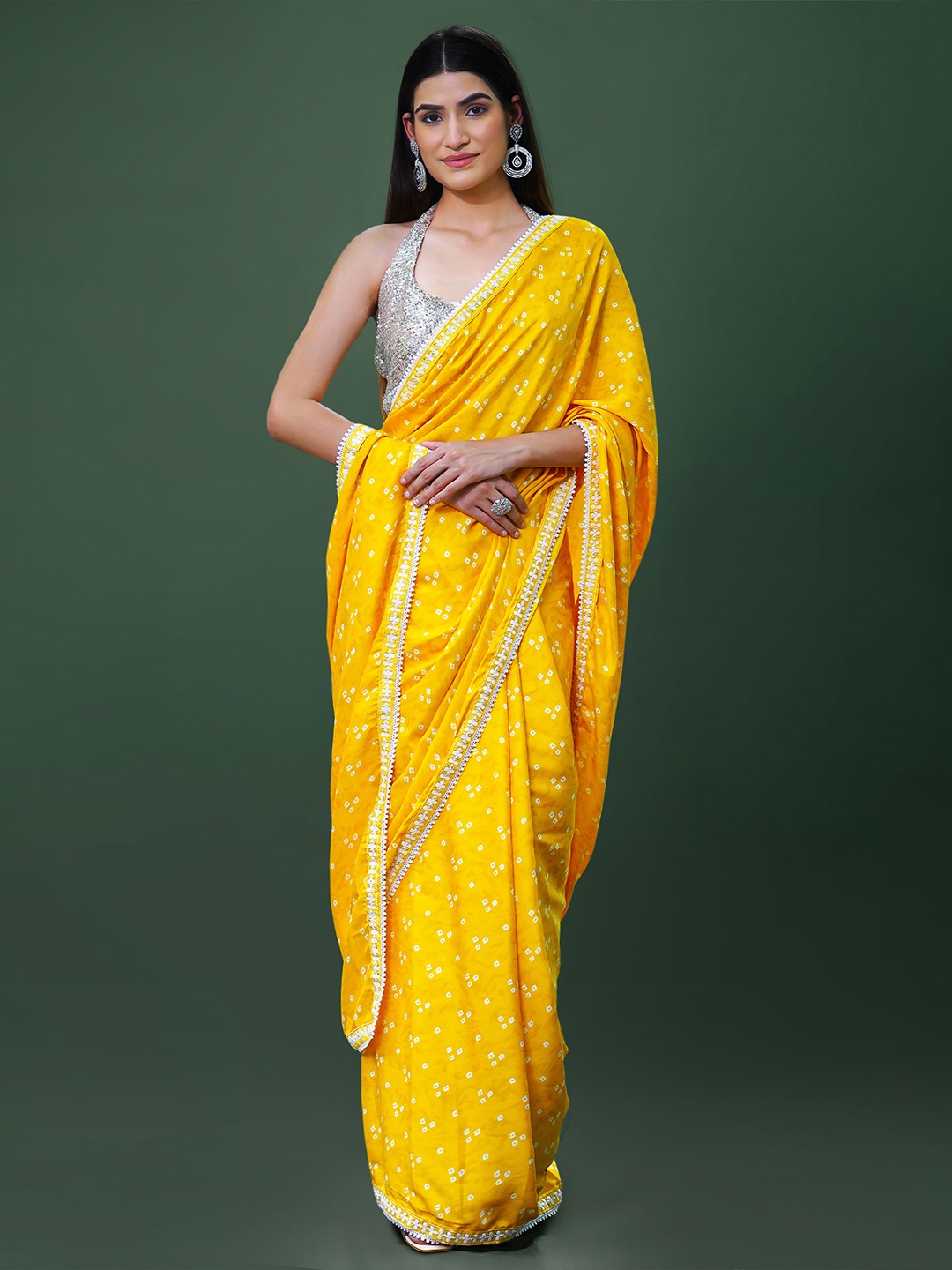 

saree.com Bandhani Satin Saree, Yellow