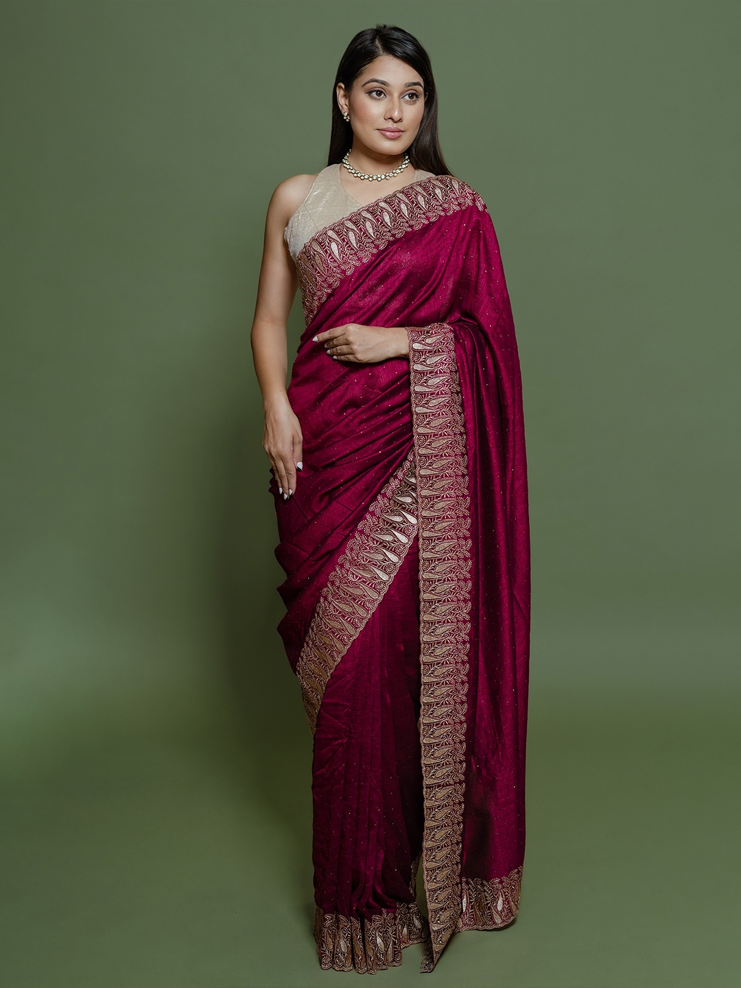 

saree.com Embellished Embroidered Poly Chiffon Saree, Maroon