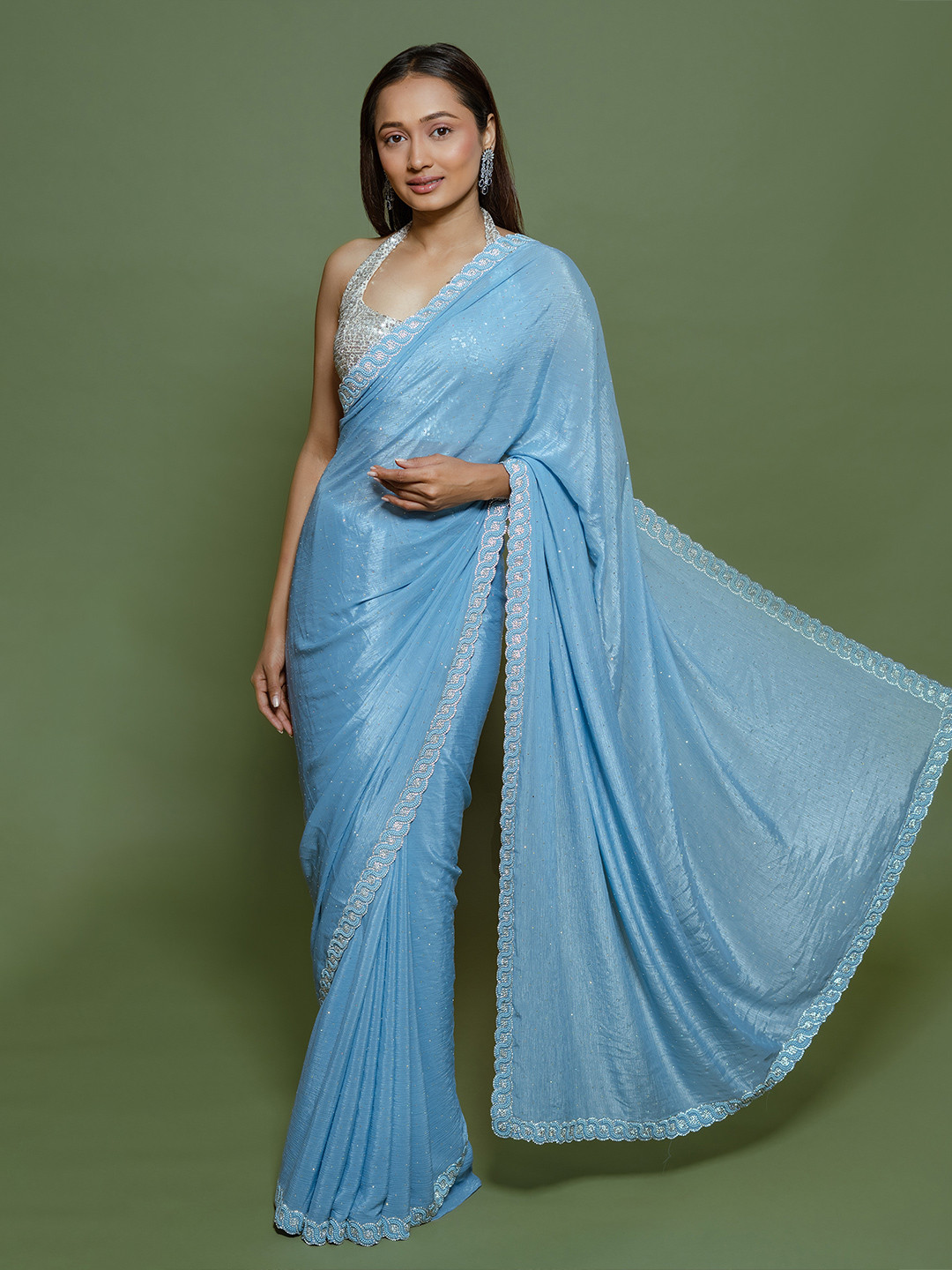 

saree.com Embellished Beads and Stones Poly Chiffon Saree, Blue