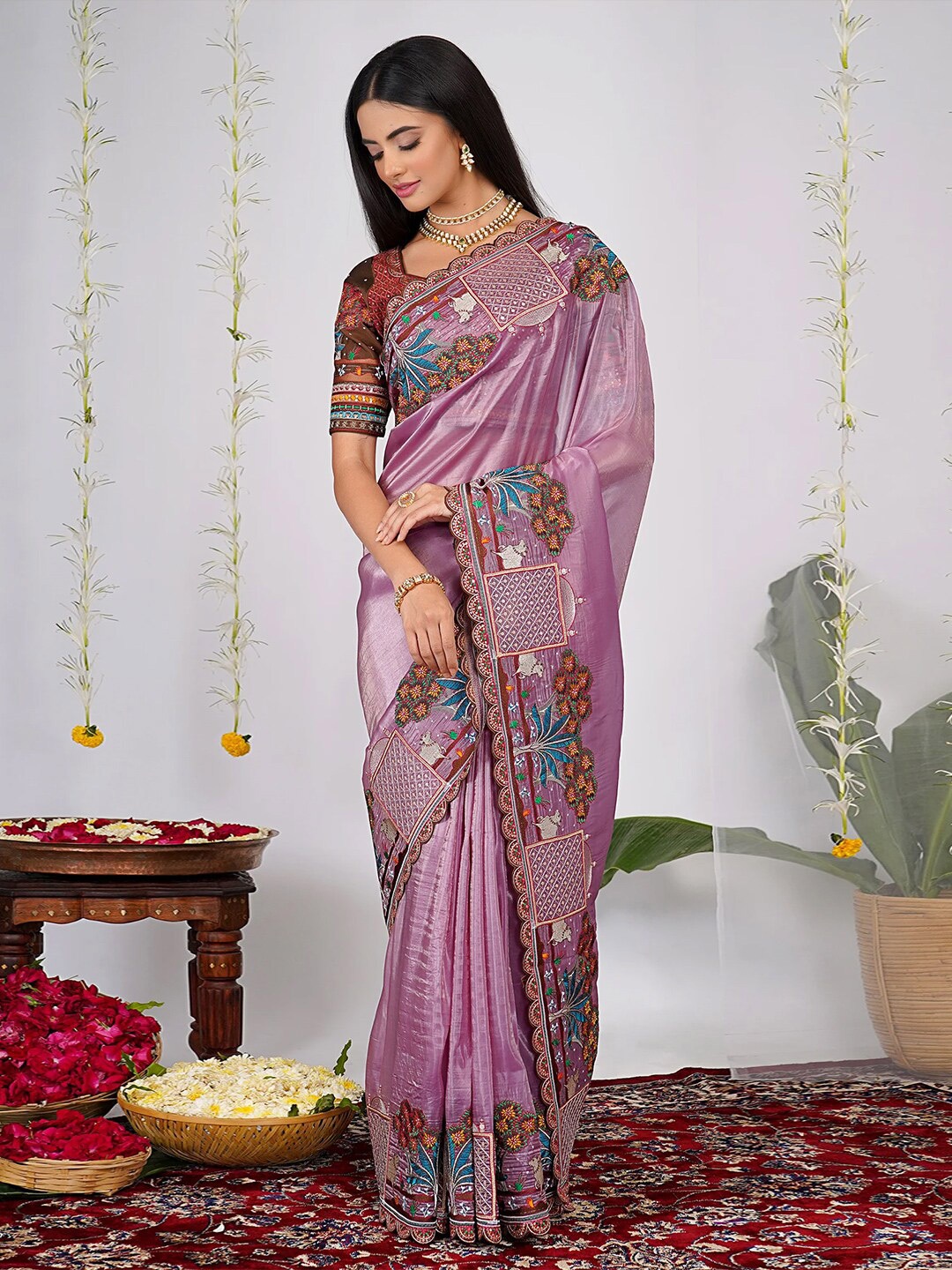 

saree.com Ethnic Motifs Sequinned Organza Saree, Purple