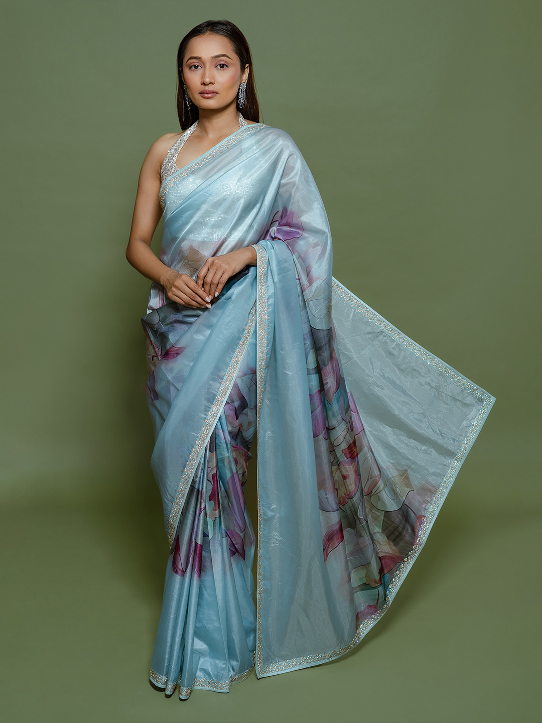 

saree.com Floral Embroidered Poly Crepe Saree, Blue