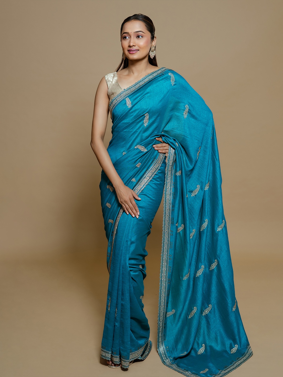 

saree.com Paisley Poly Chiffon Saree, Blue