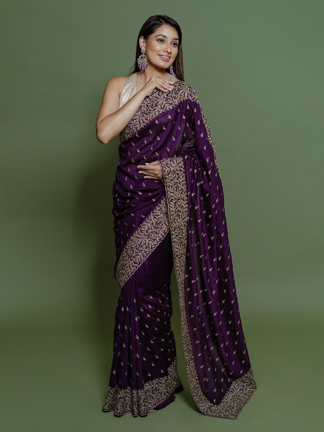 

saree.com Floral Poly Chiffon Saree, Purple