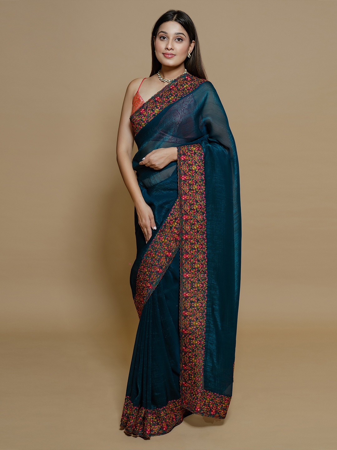 

saree.com Embroidered Poly Chiffon Saree, Green