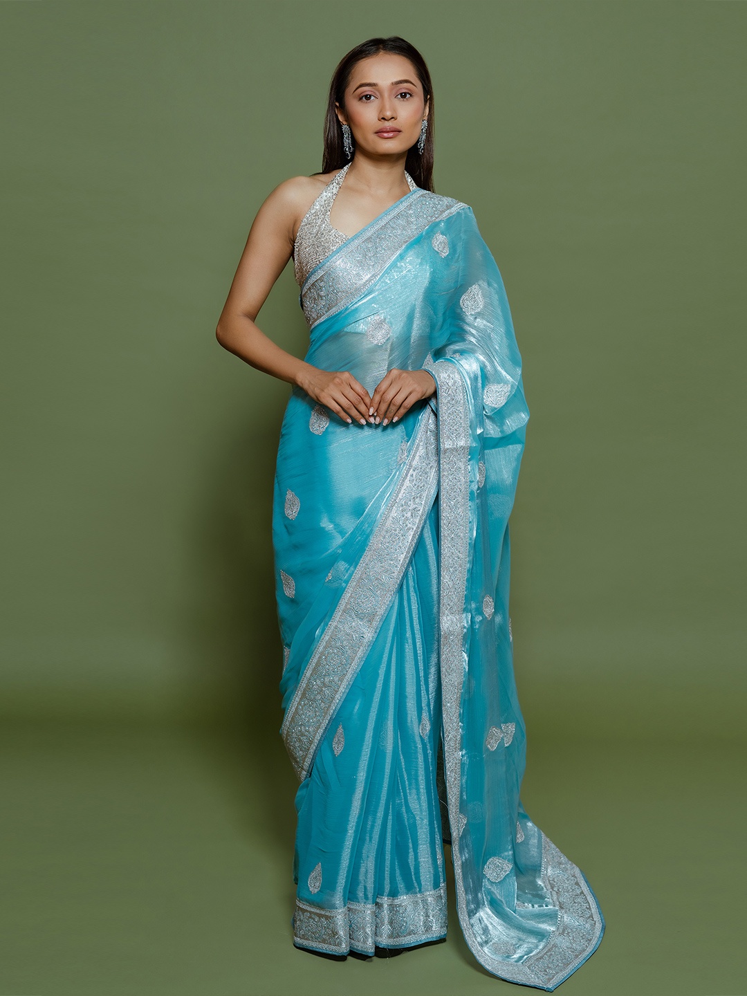 

saree.com Ethnic Motifs Embroidered Organza Saree, Blue