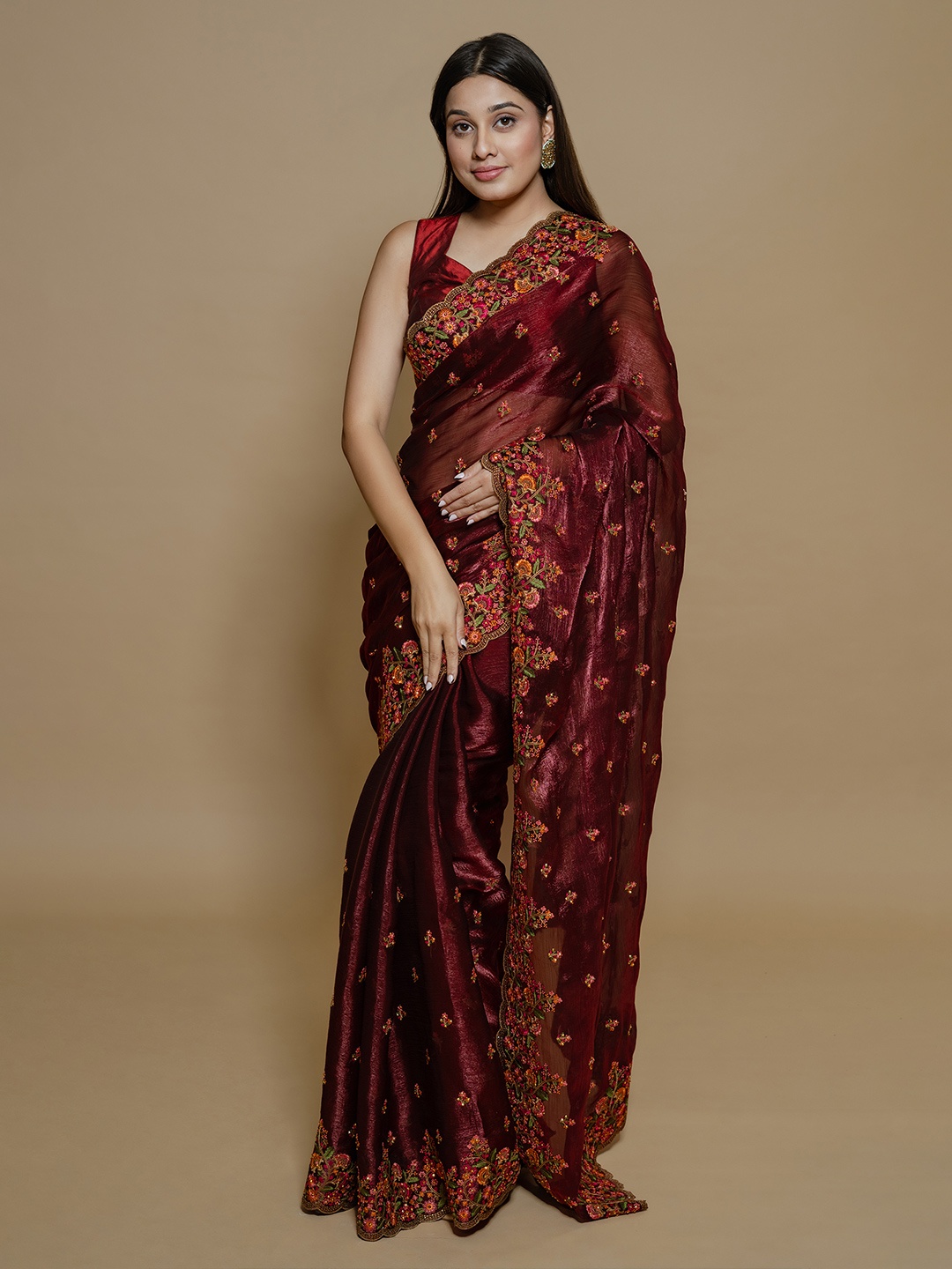 

saree.com Floral Organza Saree, Maroon