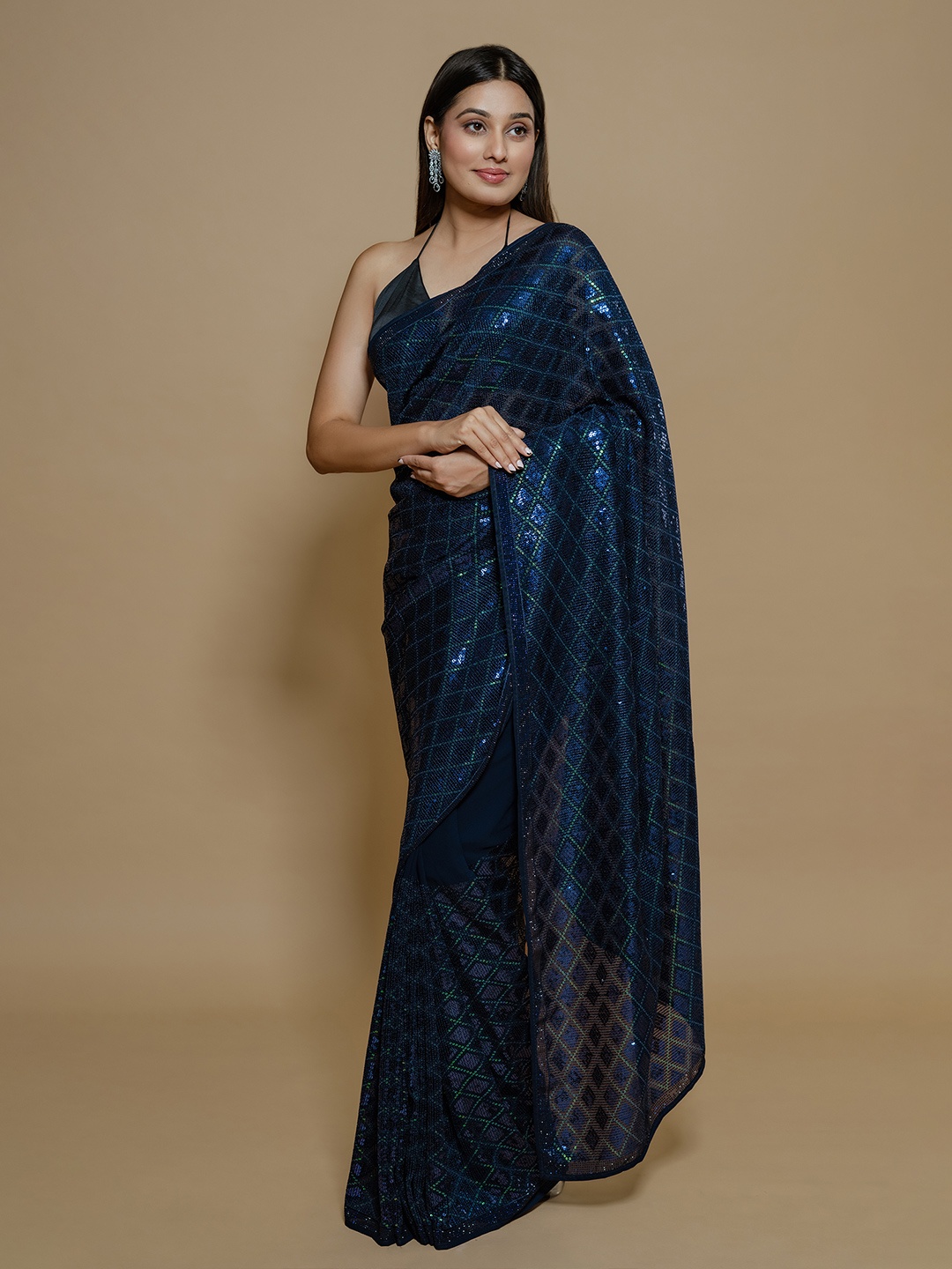 

saree.com Embellished Sequinned Poly Georgette Saree, Blue