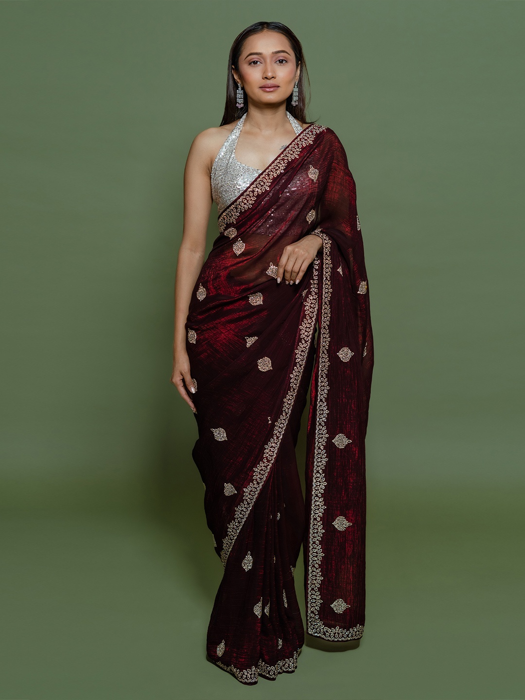 

saree.com Embellished Beads and Stones Poly Chiffon Saree, Maroon