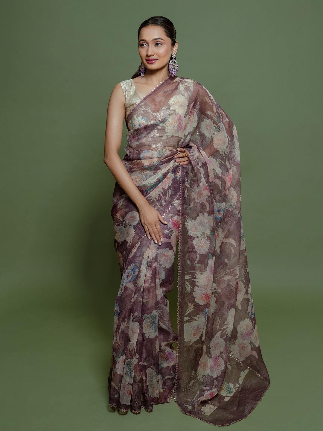 

saree.com Floral Printed Sequinned Saree, Purple