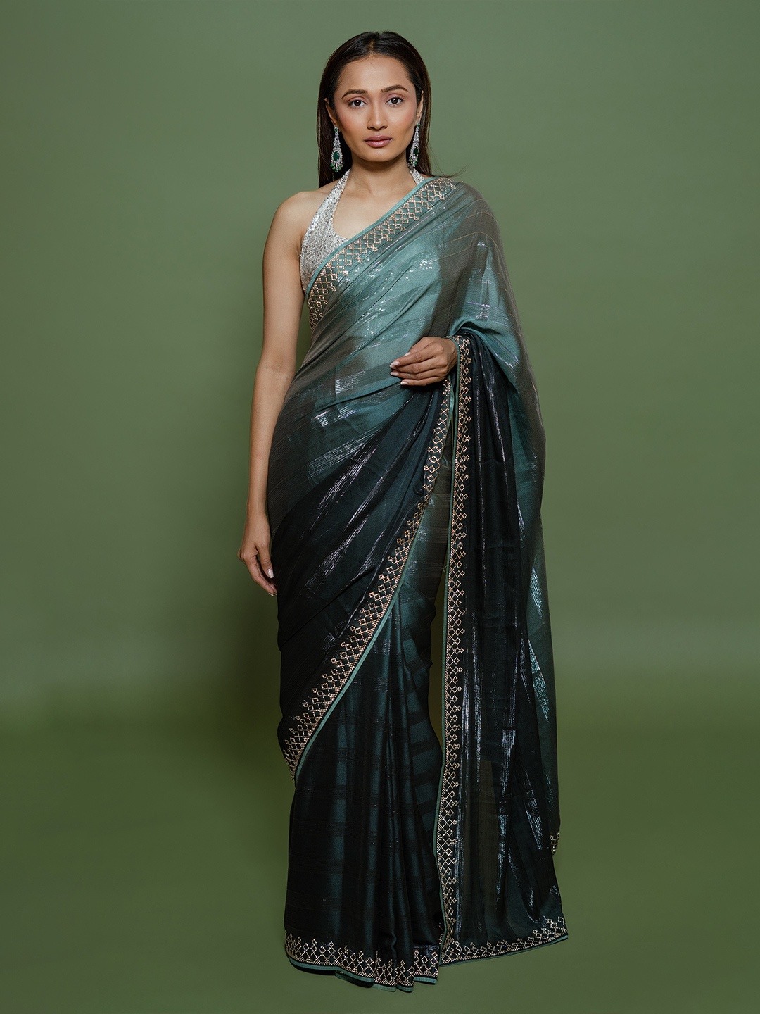 

saree.com Embellished Beads and Stones Poly Chiffon Saree, Green