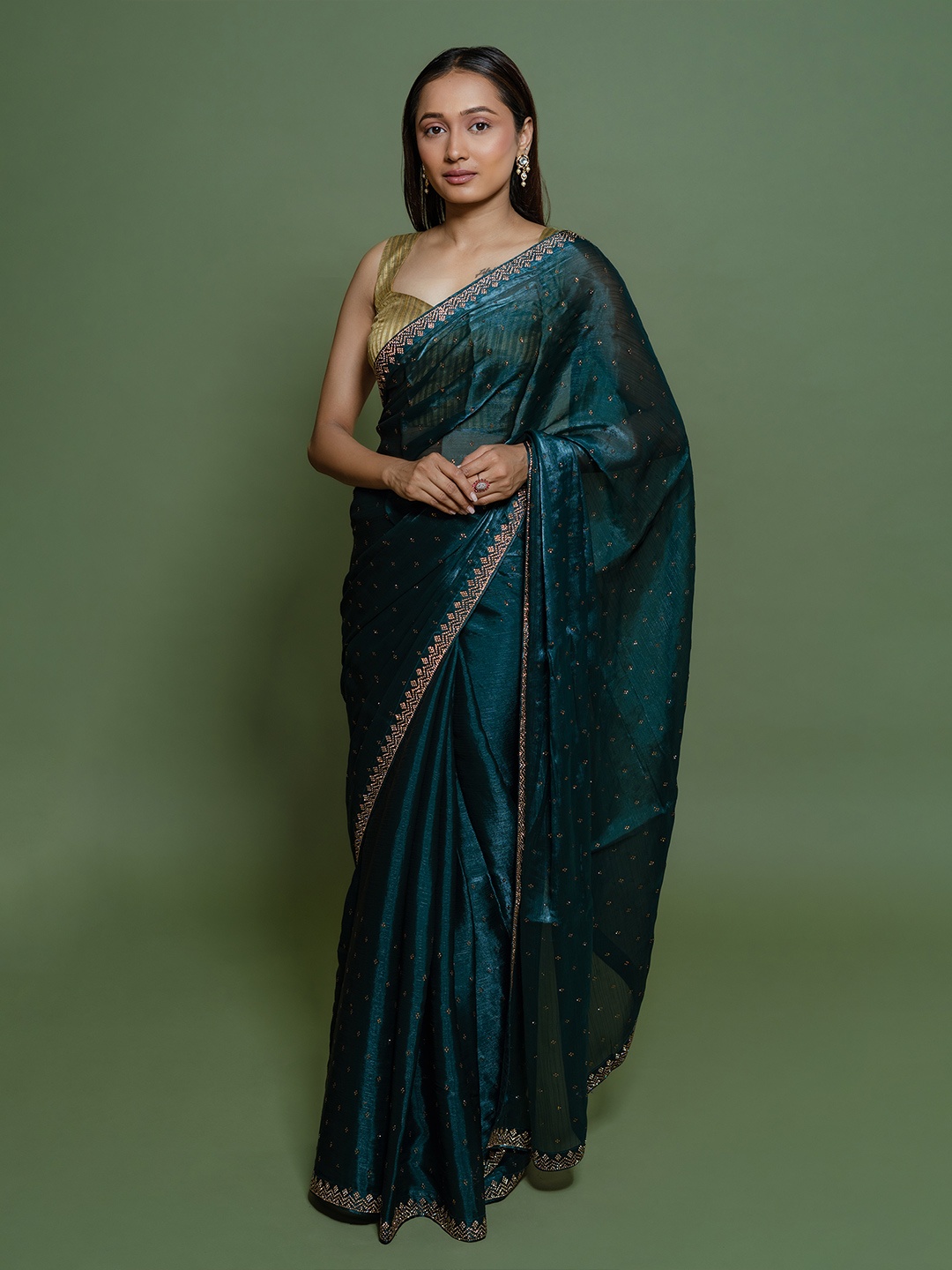 

saree.com Embellished Beads And Stones Organza Saree, Green