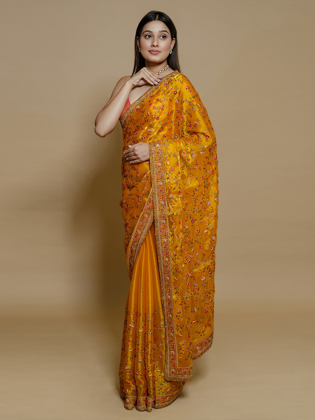 

saree.com Floral Embroidered Organza Saree, Orange