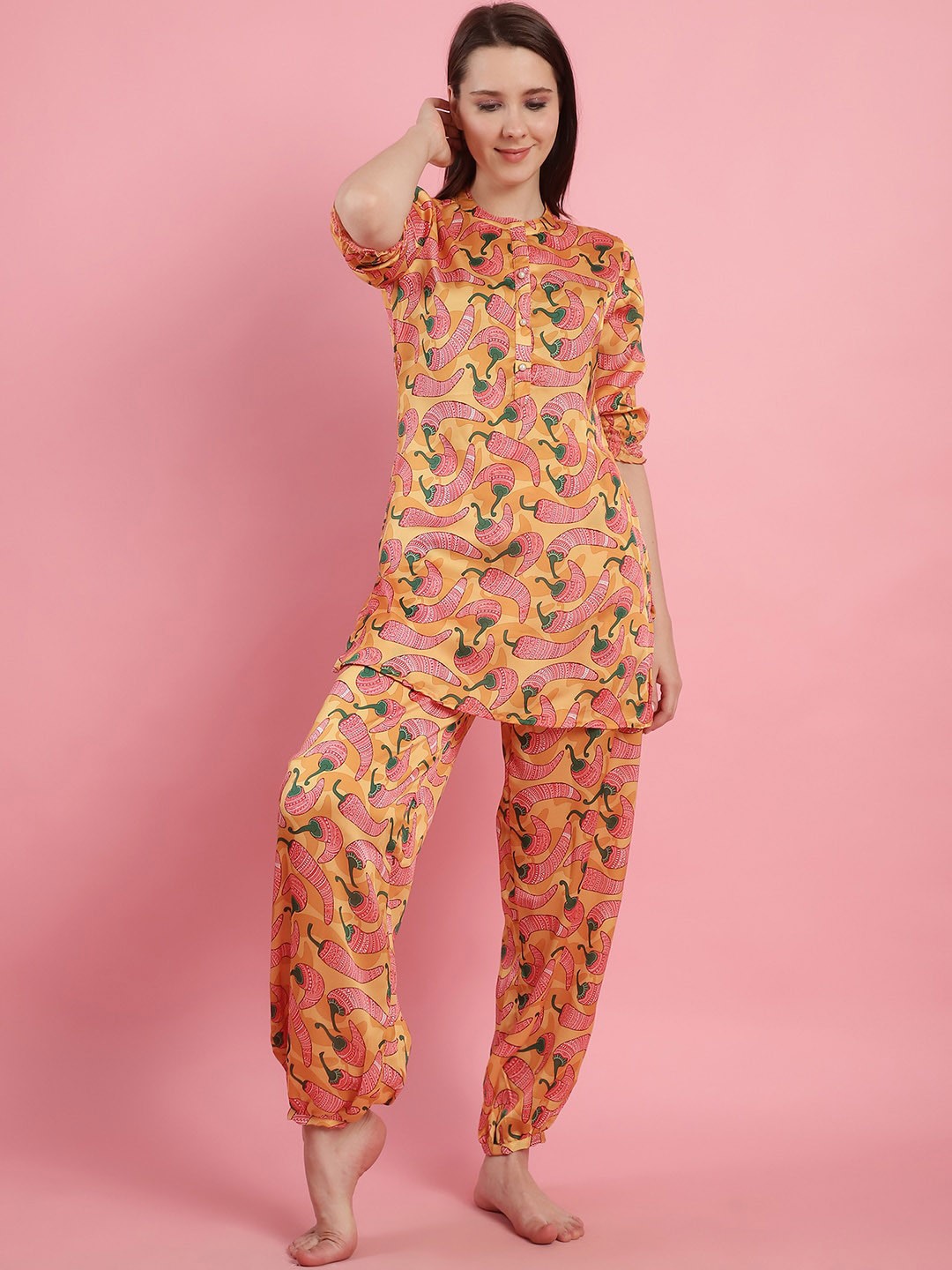 

Shararat Graphic Printed Band Collar Top & Pyjama Set, Yellow