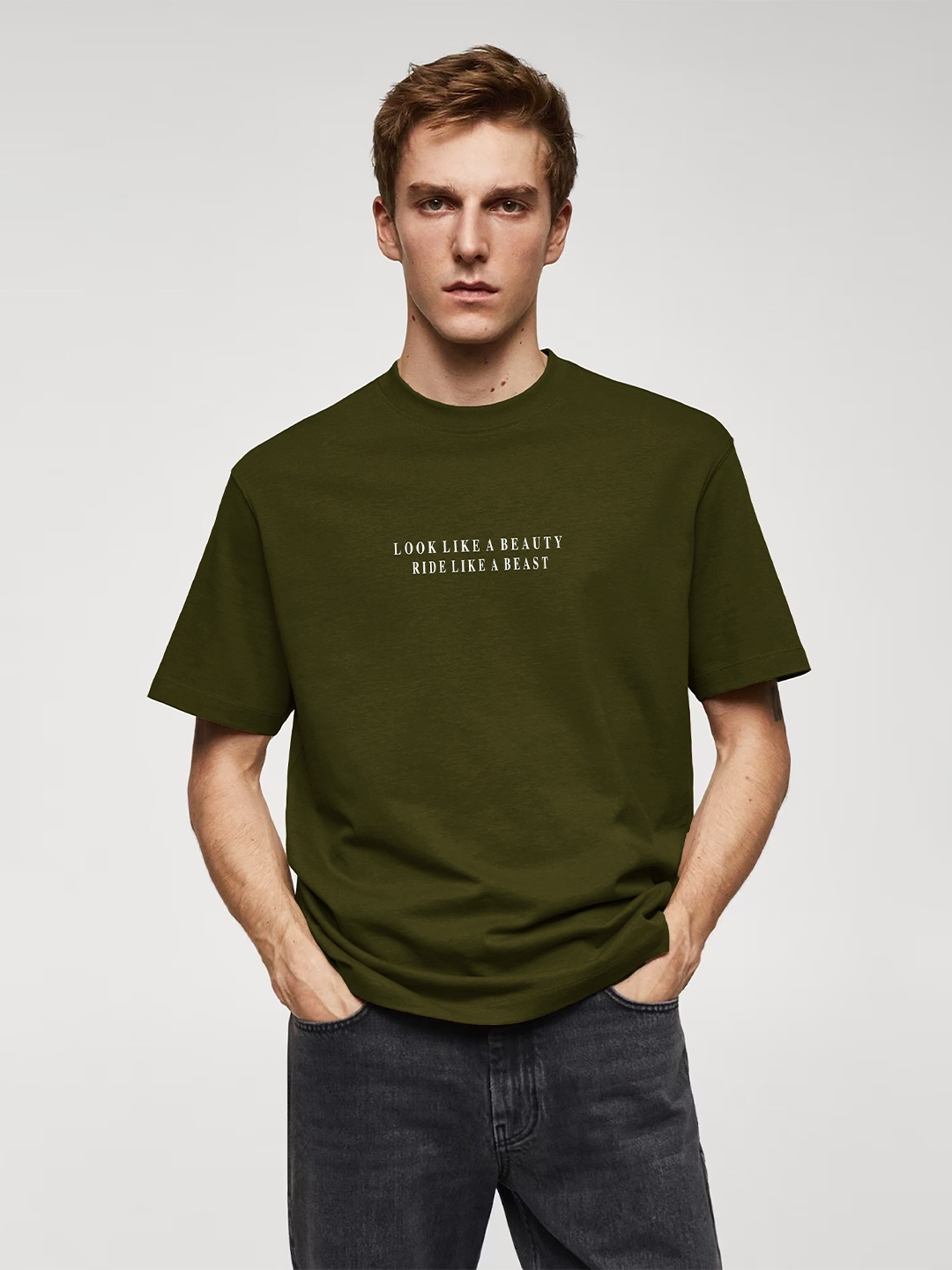 

MISCHIEF MONKEY Typography Printed Round Neck Pure Cotton Oversized T-shirt, Olive