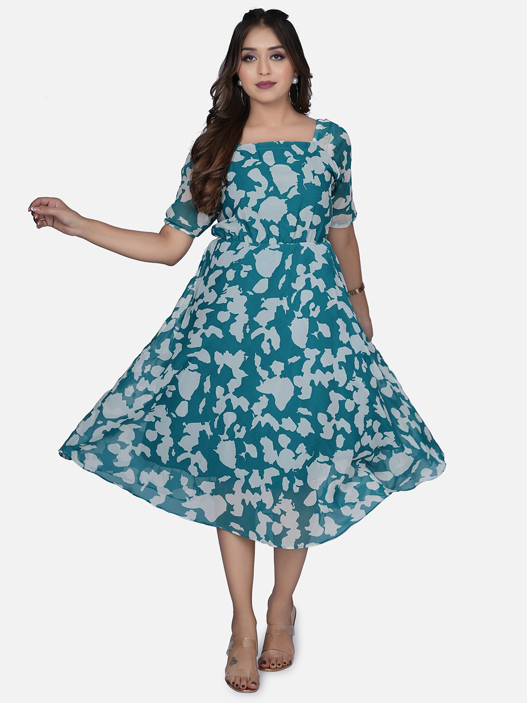 

Trillmixa Abstract Printed Georgette Fit & Flare Midi Dress, Teal