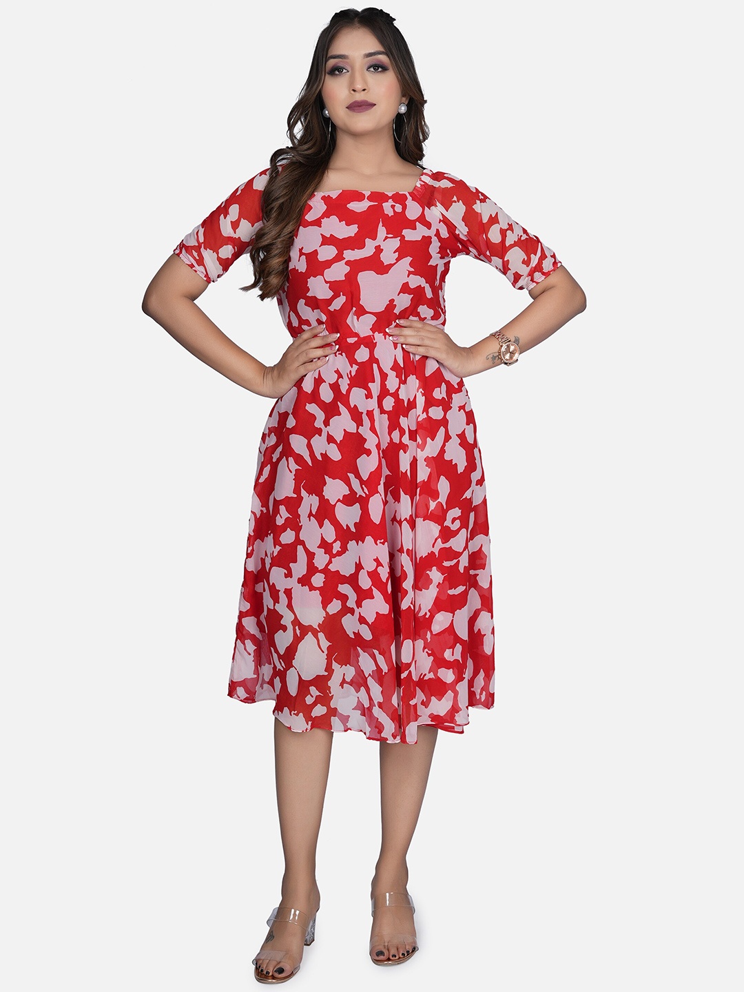 

Trillmixa Square Neck Floral Print Georgette Fit & Flare Dress, Red