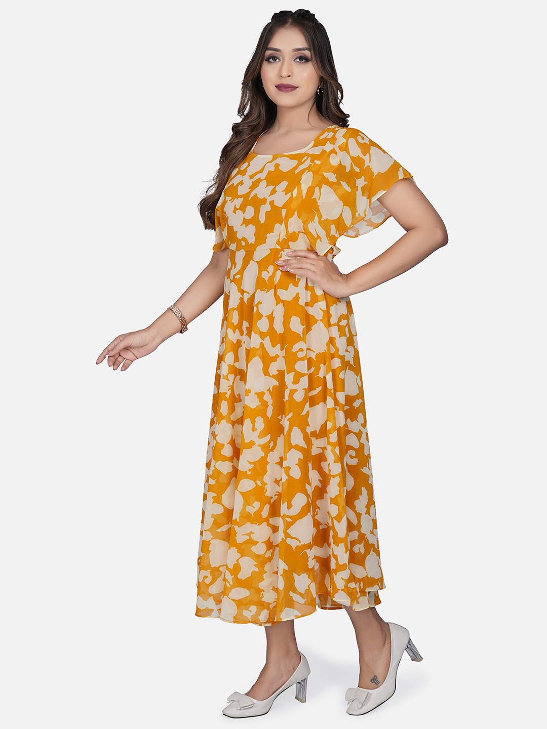 

Trillmixa Square Neck Floral Print Flutter Sleeve Georgette Fit & Flare Midi Dress, Yellow