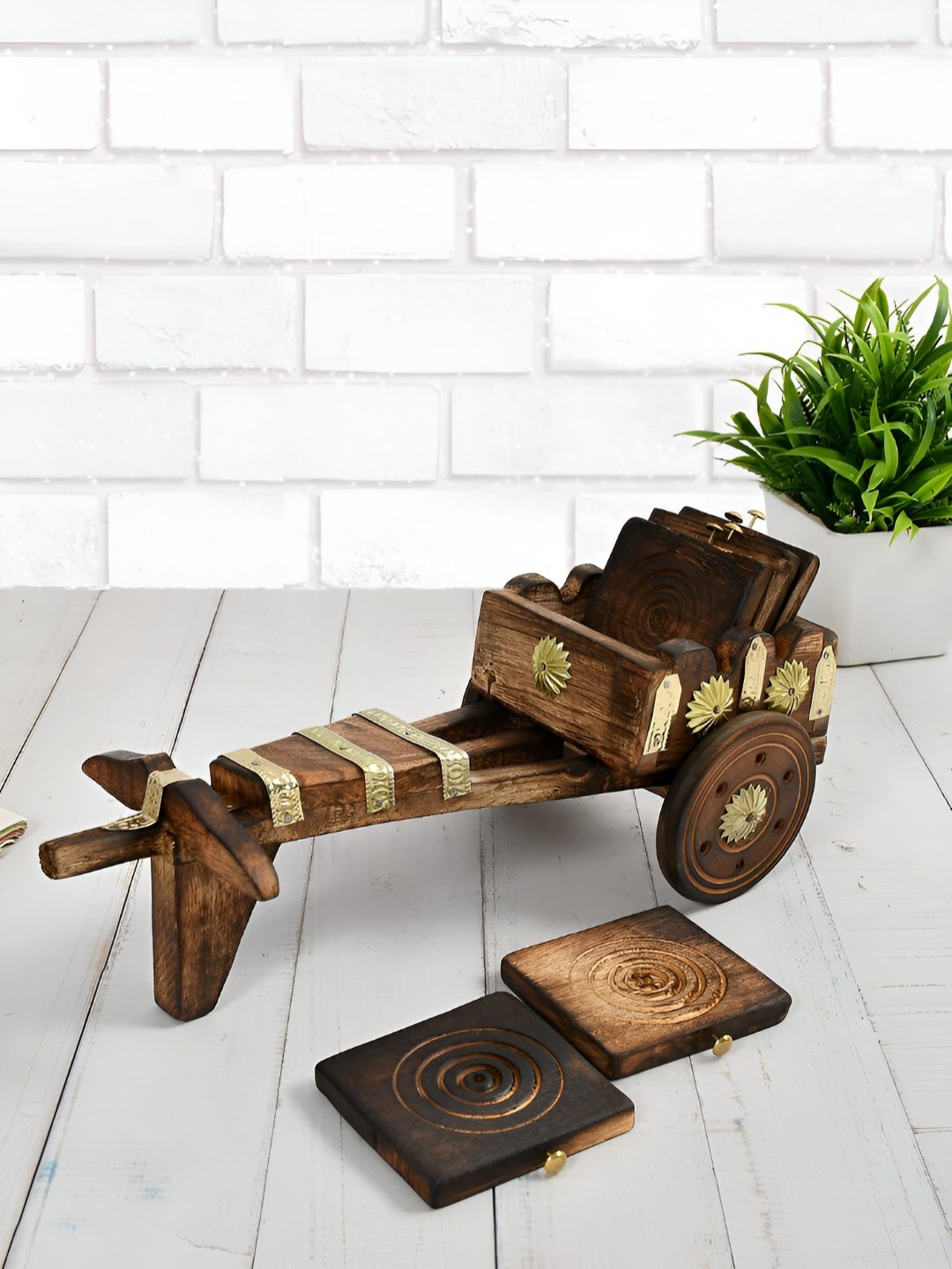 

CLIO'S HERITAGE STORE Brown 6 Pieces Wooden Square Coasters Cart