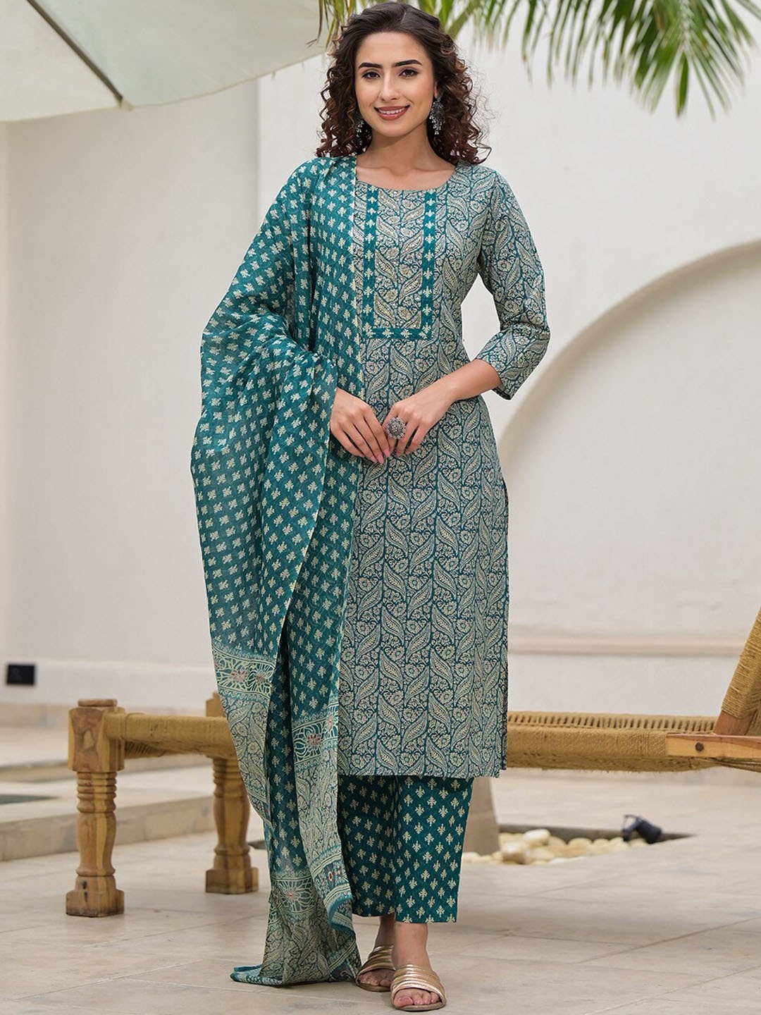

Yufta Ethnic Motifs Printed Pure Cotton Straight Kurta with Trouser & Dupatta, Teal