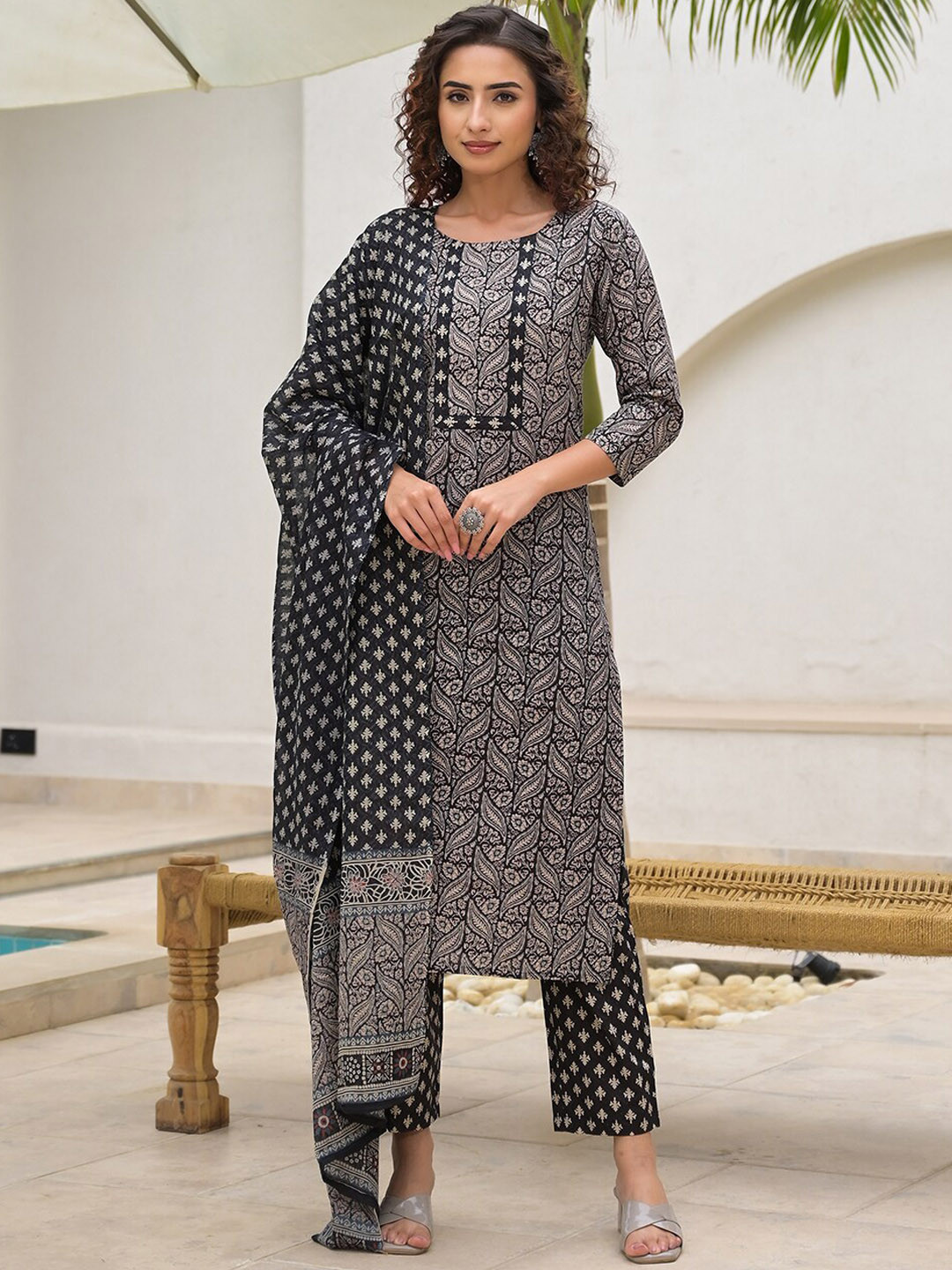 

Yufta Ethnic Motifs Printed Pure Cotton Straight Kurta with Trouser & Dupatta, Black