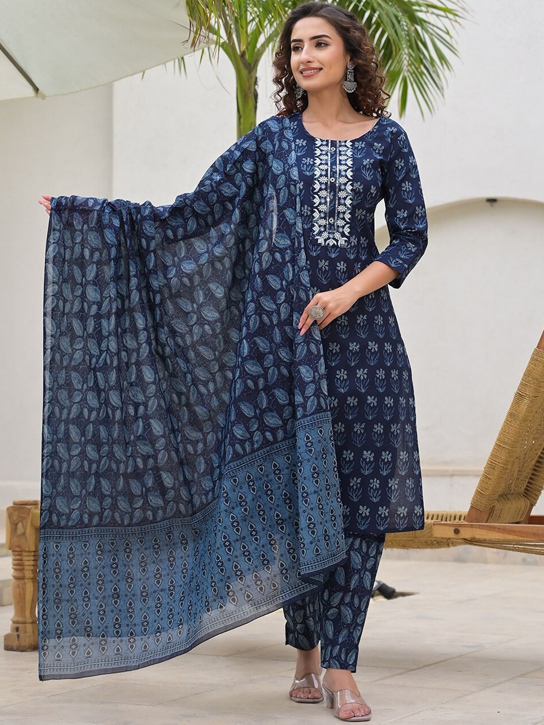 

Yufta Women Ethnic Motifs Sequinned Pure Cotton Straight Kurta with Trouser & Dupatta, Blue