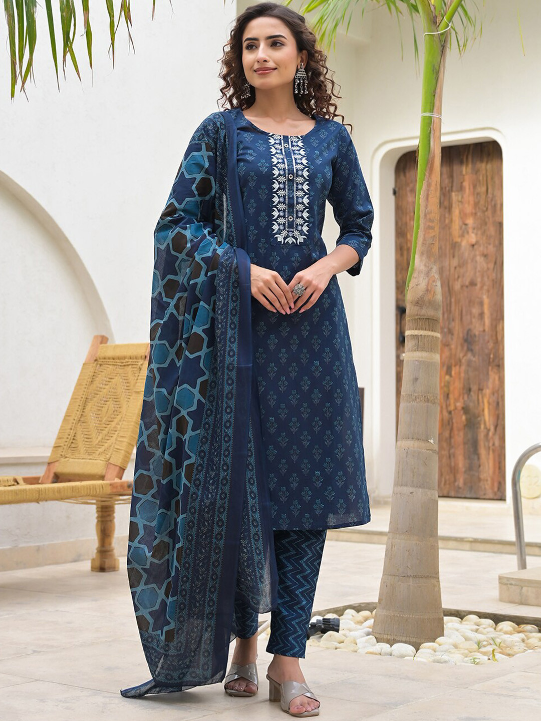 

Yufta Floral Printed Thread Work Pure Cotton Straight Kurta with Trouser & Dupatta, Blue