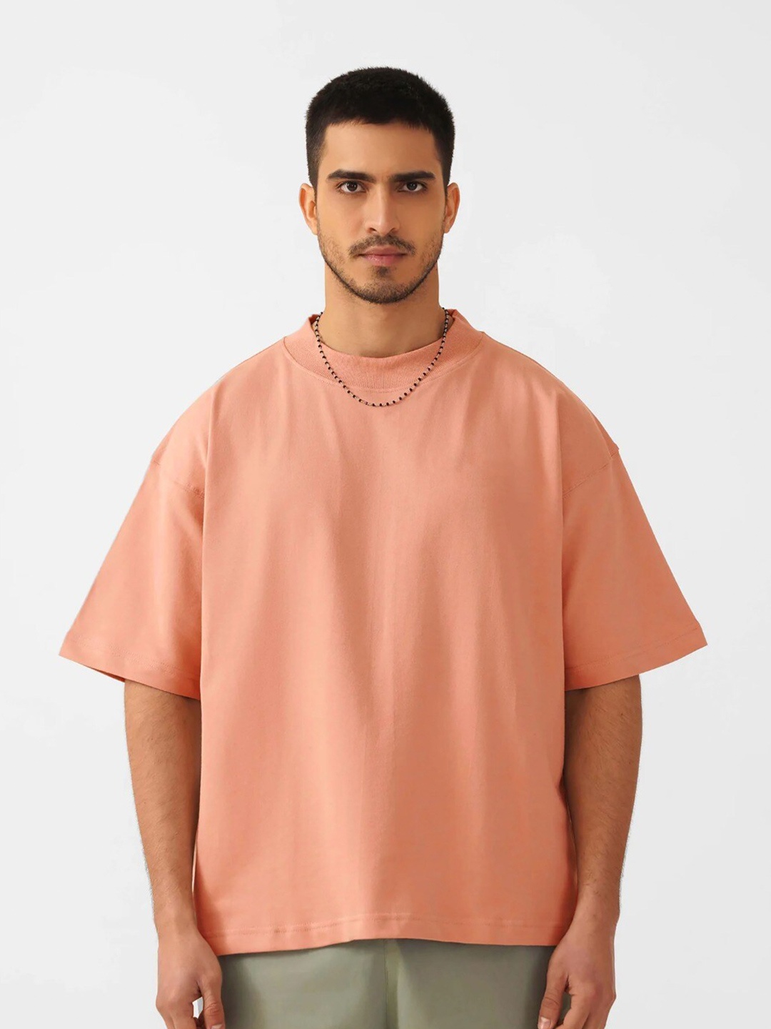 

MISCHIEF MONKEY Drop Shoulder Sleeves Pure Cotton Oversized T-shirt, Peach