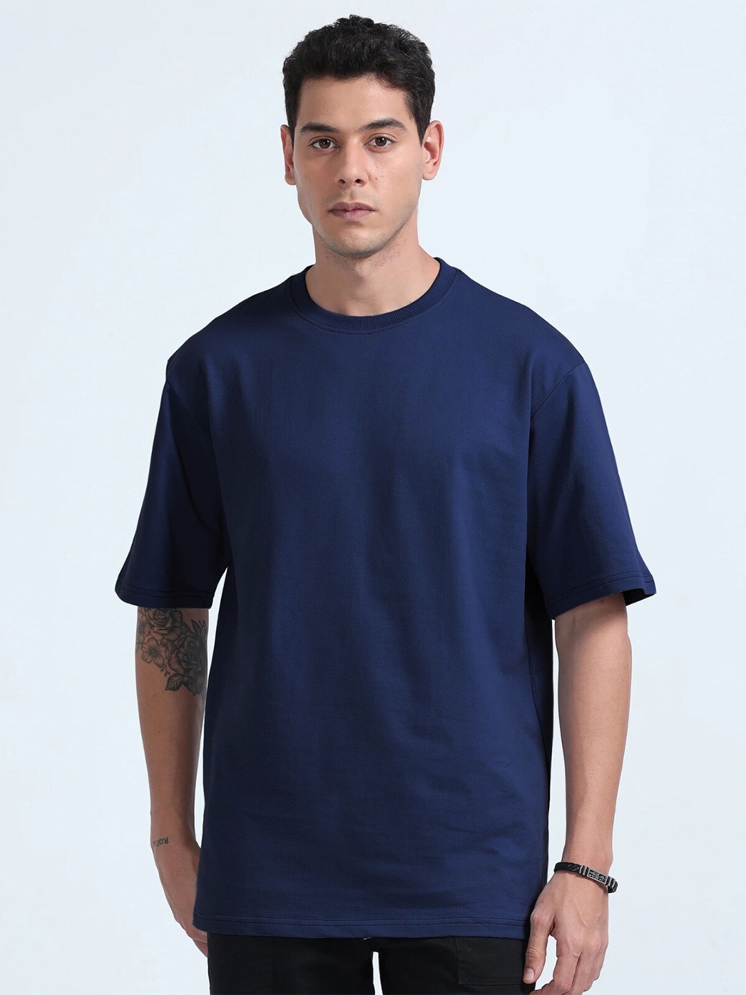 

MISCHIEF MONKEY Drop Shoulder Sleeves Pure Cotton Oversized T-shirt, Navy blue