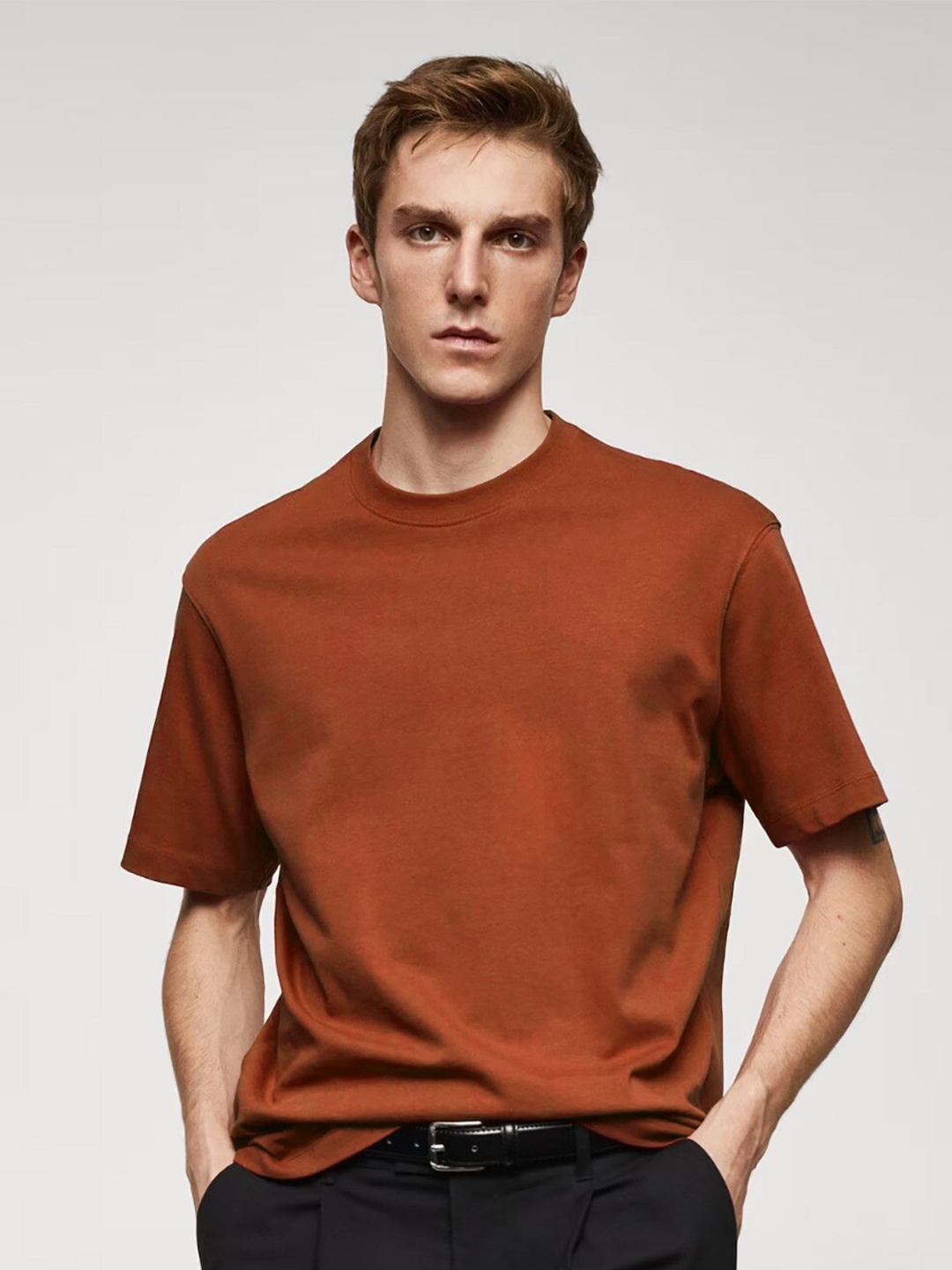 

MISCHIEF MONKEY Round Neck Pure Cotton Oversized T-shirt, Rust