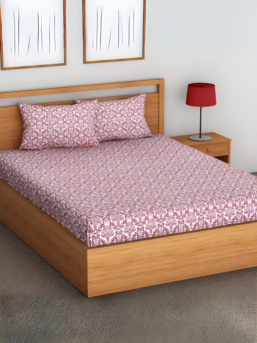 

Aurave Maroon & White Printed Fitted Cotton 144 TC Queen Bedsheet with 2 Pillow Covers