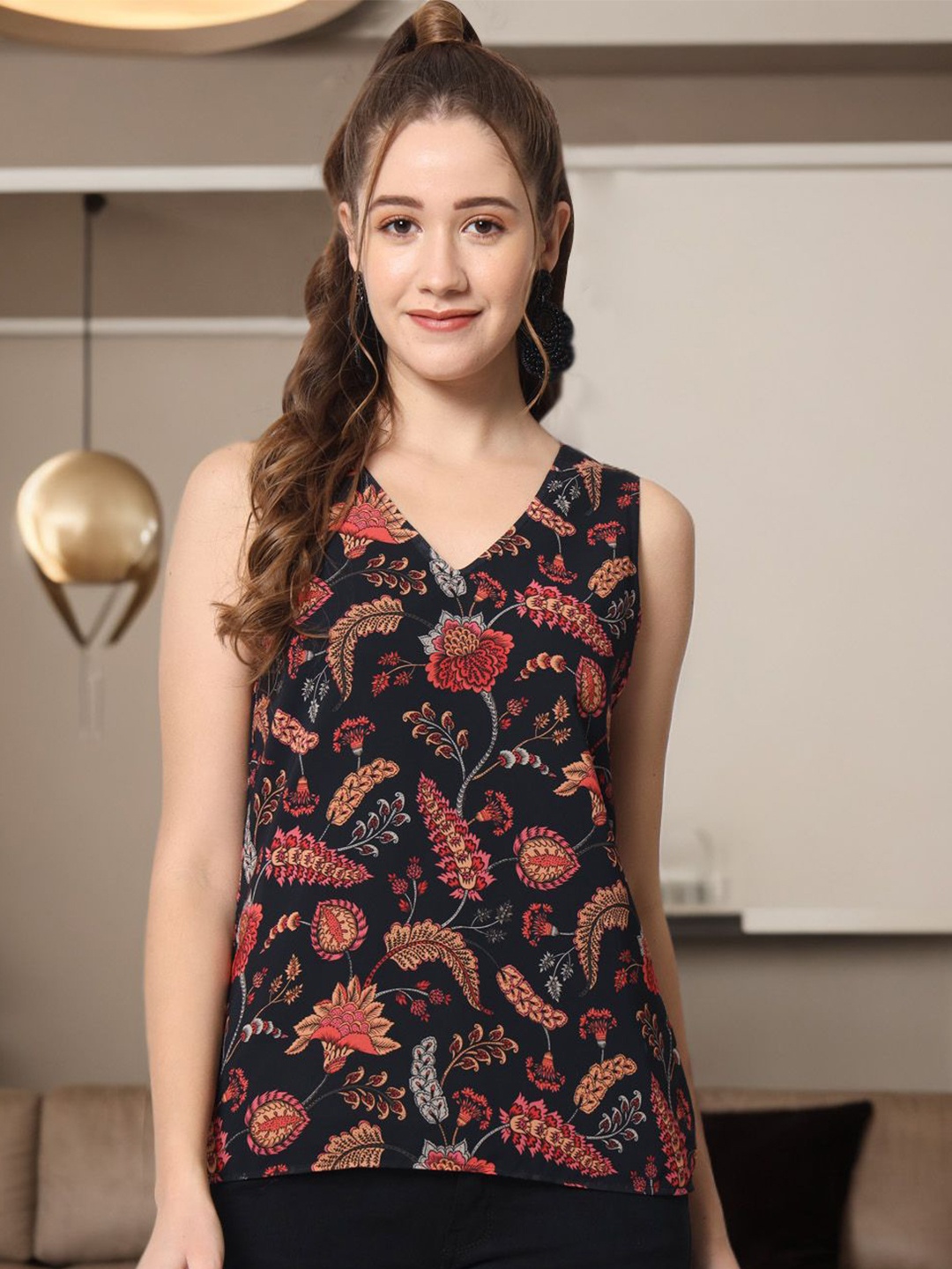 

CHARMGAL Floral Printed V-Neck Top, Black