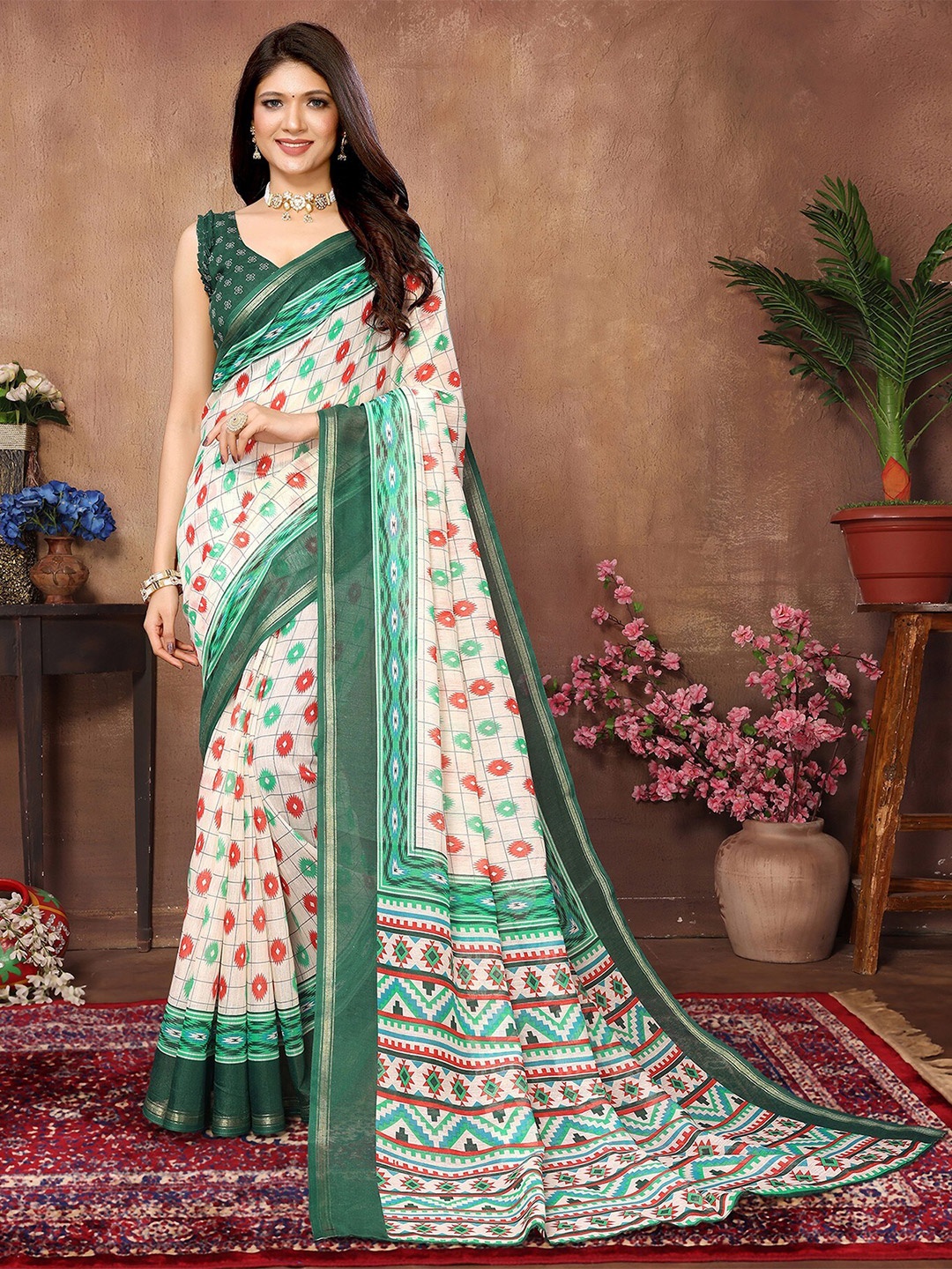 

KALINI Ethnic Motifs Printed Zari Mysore Silk Saree, Green