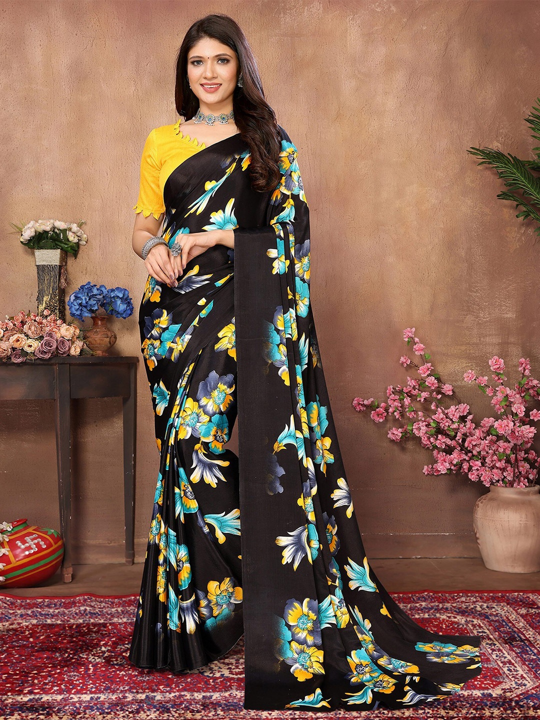 

KALINI Floral Printed Saree, Black