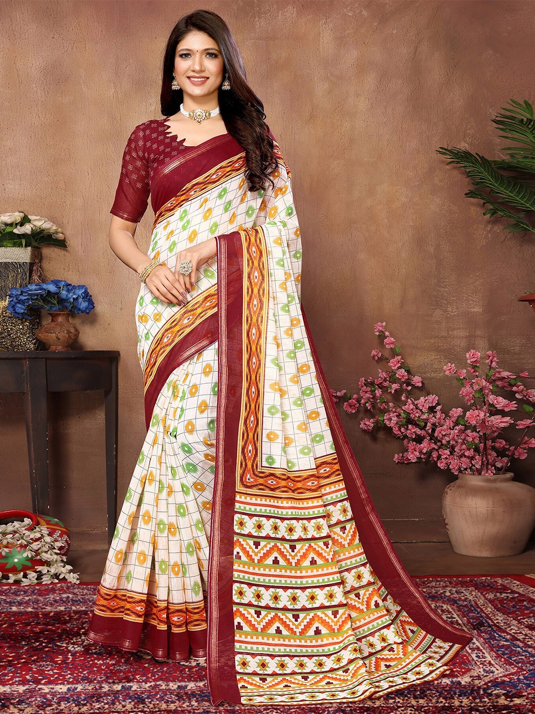 

KALINI Geometric Printed Saree, Cream