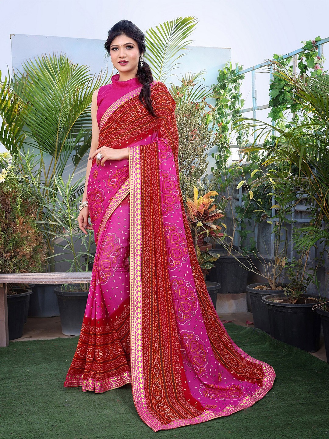 

KALINI Bandhani Printed Embroidered Saree, Pink