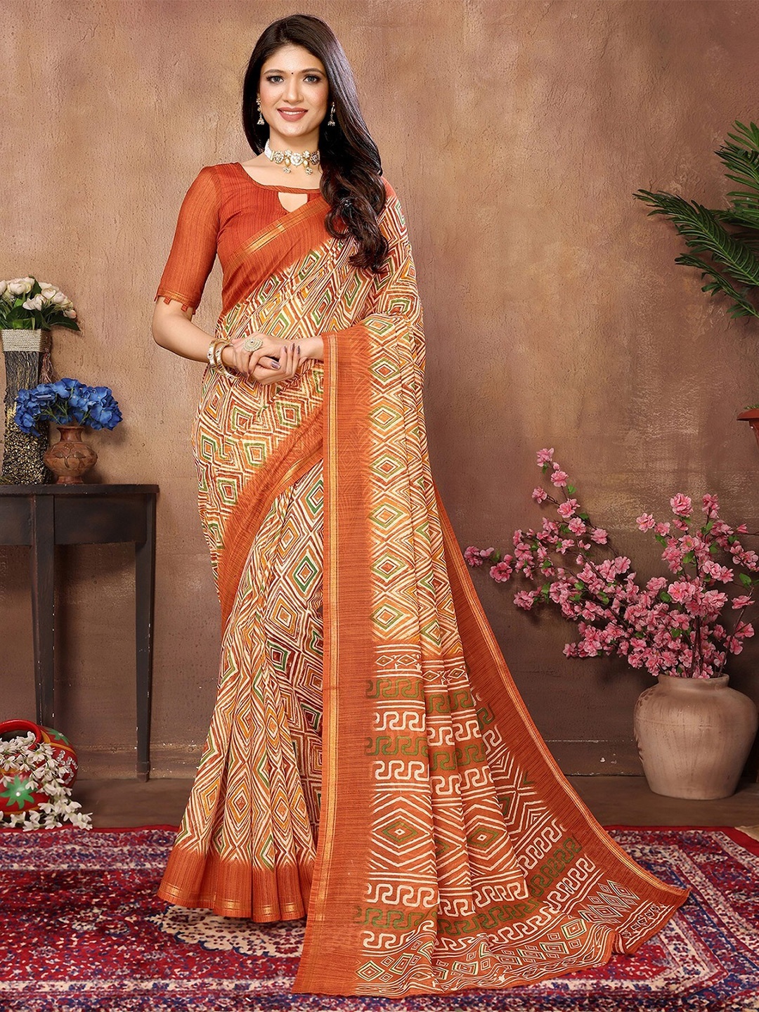 

KALINI Geometric Printed Zari Detailed Saree, Orange