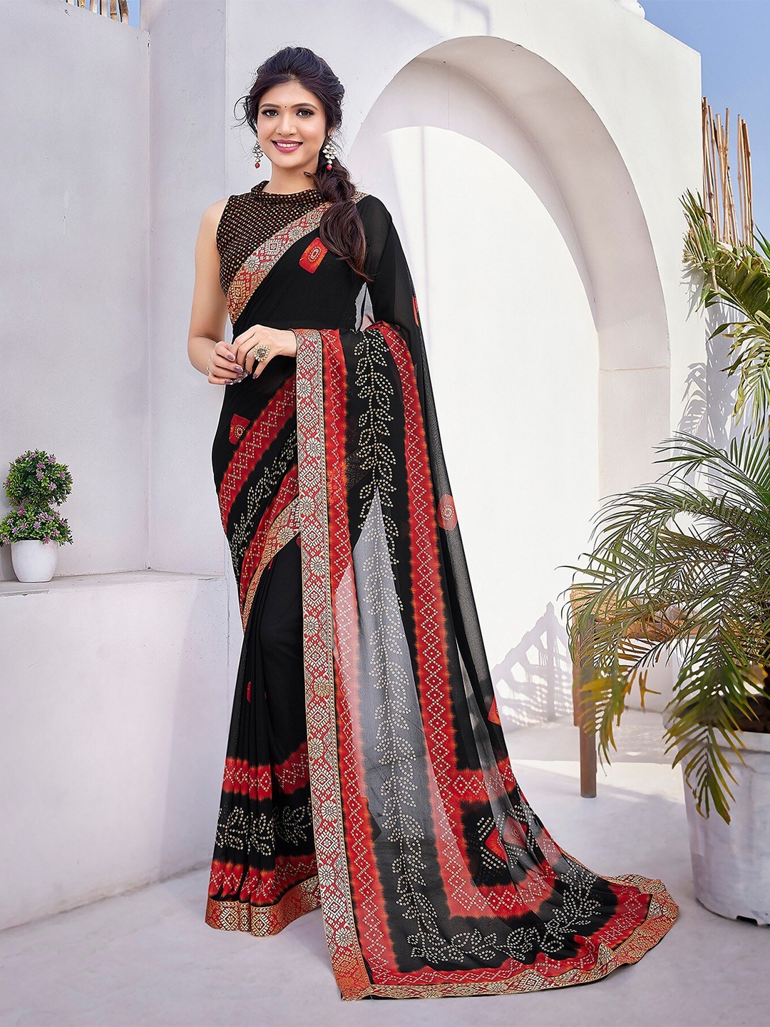 

KALINI Printed Bandhani Saree, Black