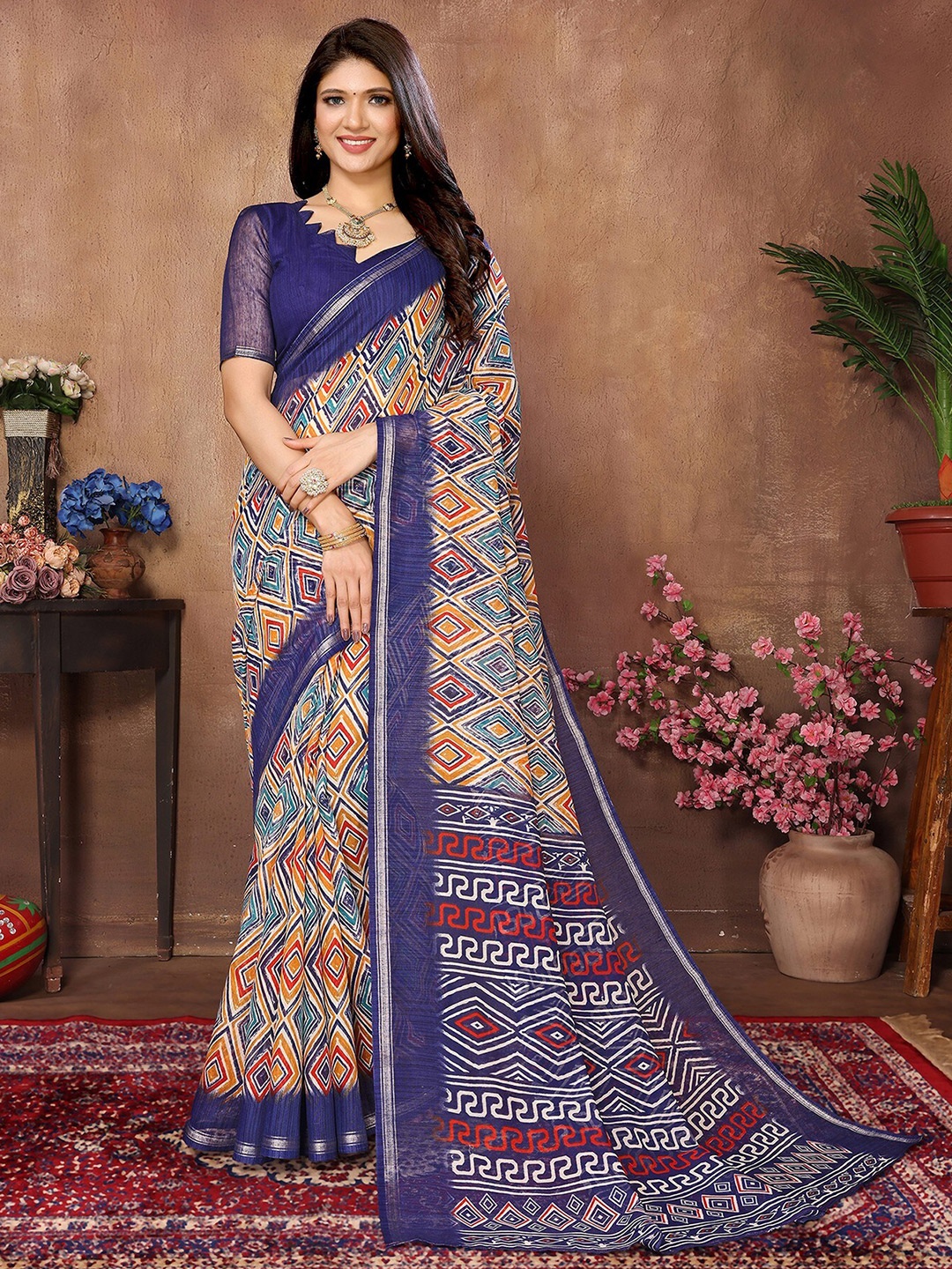 

KALINI Geometric Printed Saree, Navy blue