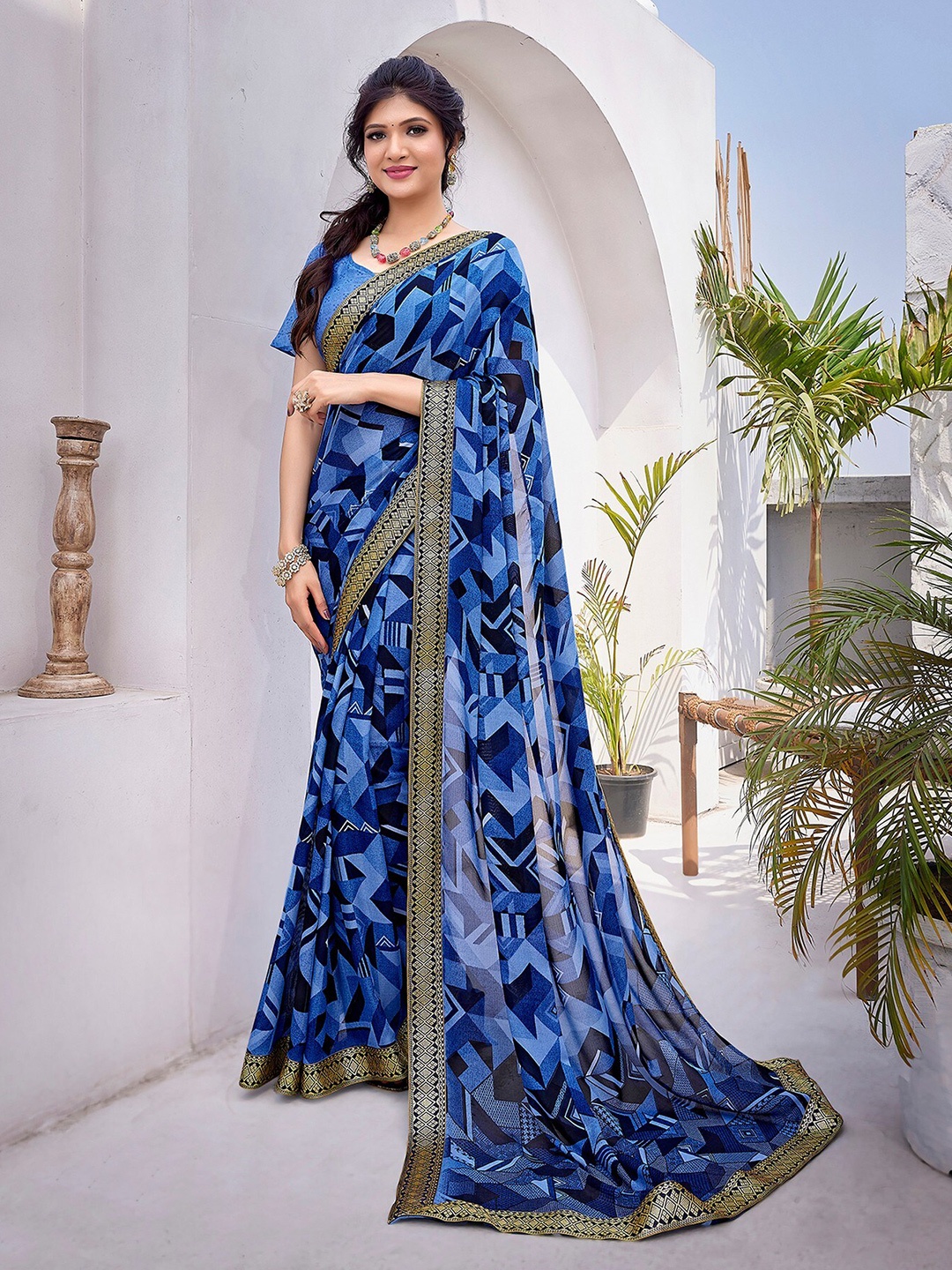 

KALINI Printed Lace Georgette Saree, Blue