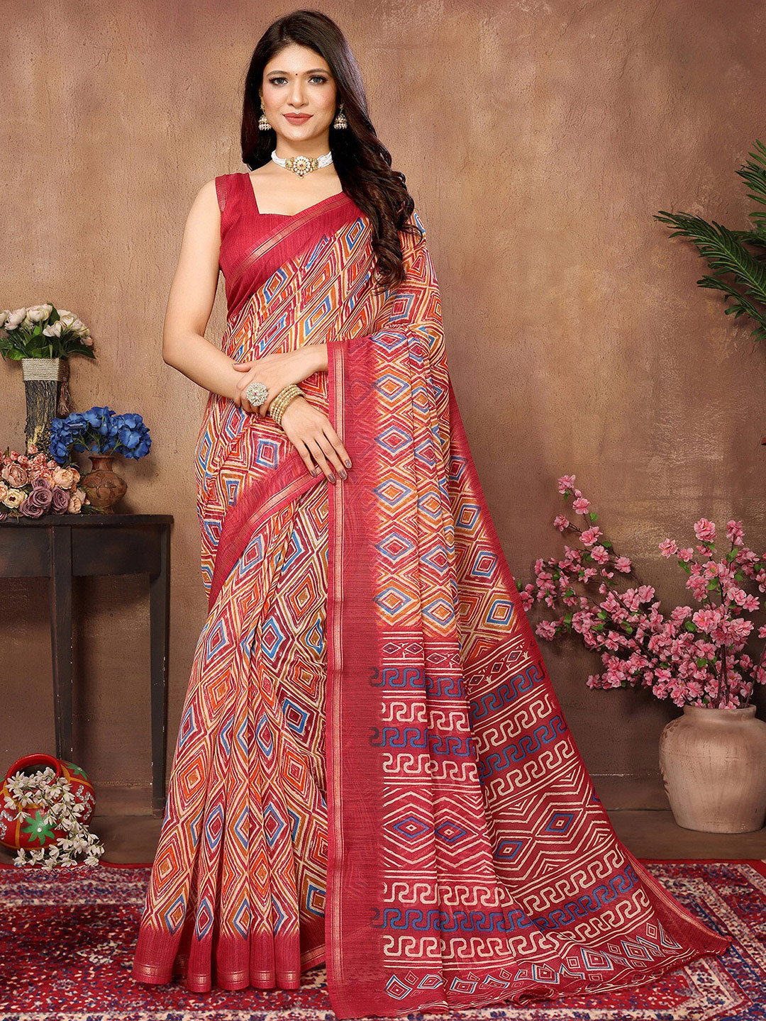 

KALINI Geometric Printed Mysore Silk Saree, Red
