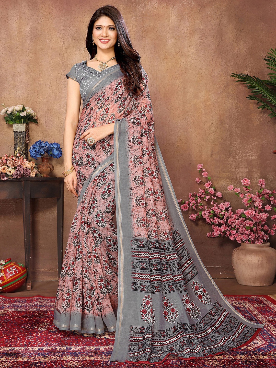 

KALINI Floral Printed Mysore Silk Saree, Peach