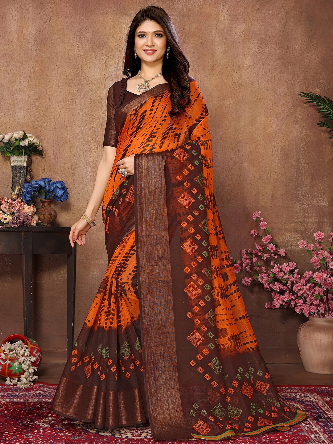

KALINI Bandhani Printed Zari Saree, Orange