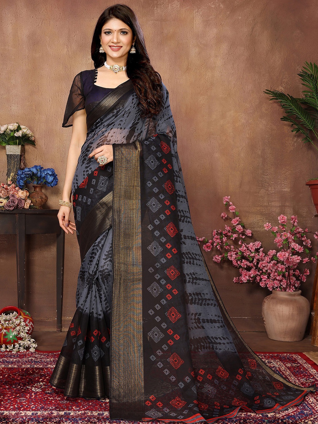 

KALINI Shibori Printed Zari Mysore Silk Saree, Grey