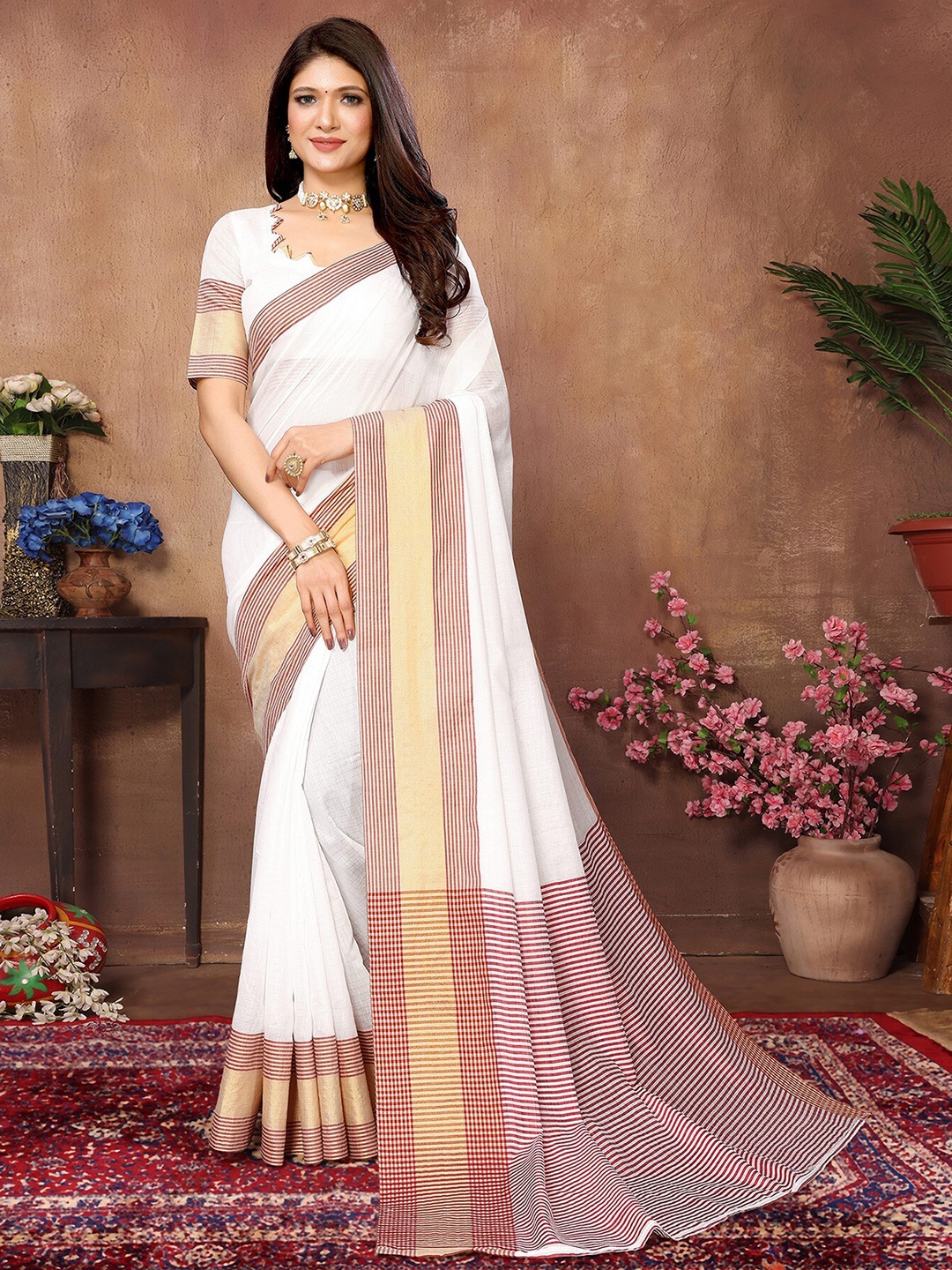 

KALINI Zari Detailed Silk Cotton Saree, White