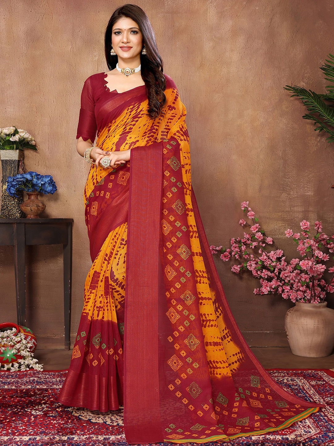 

KALINI Tie and Dye Printed Zari Saree, Yellow