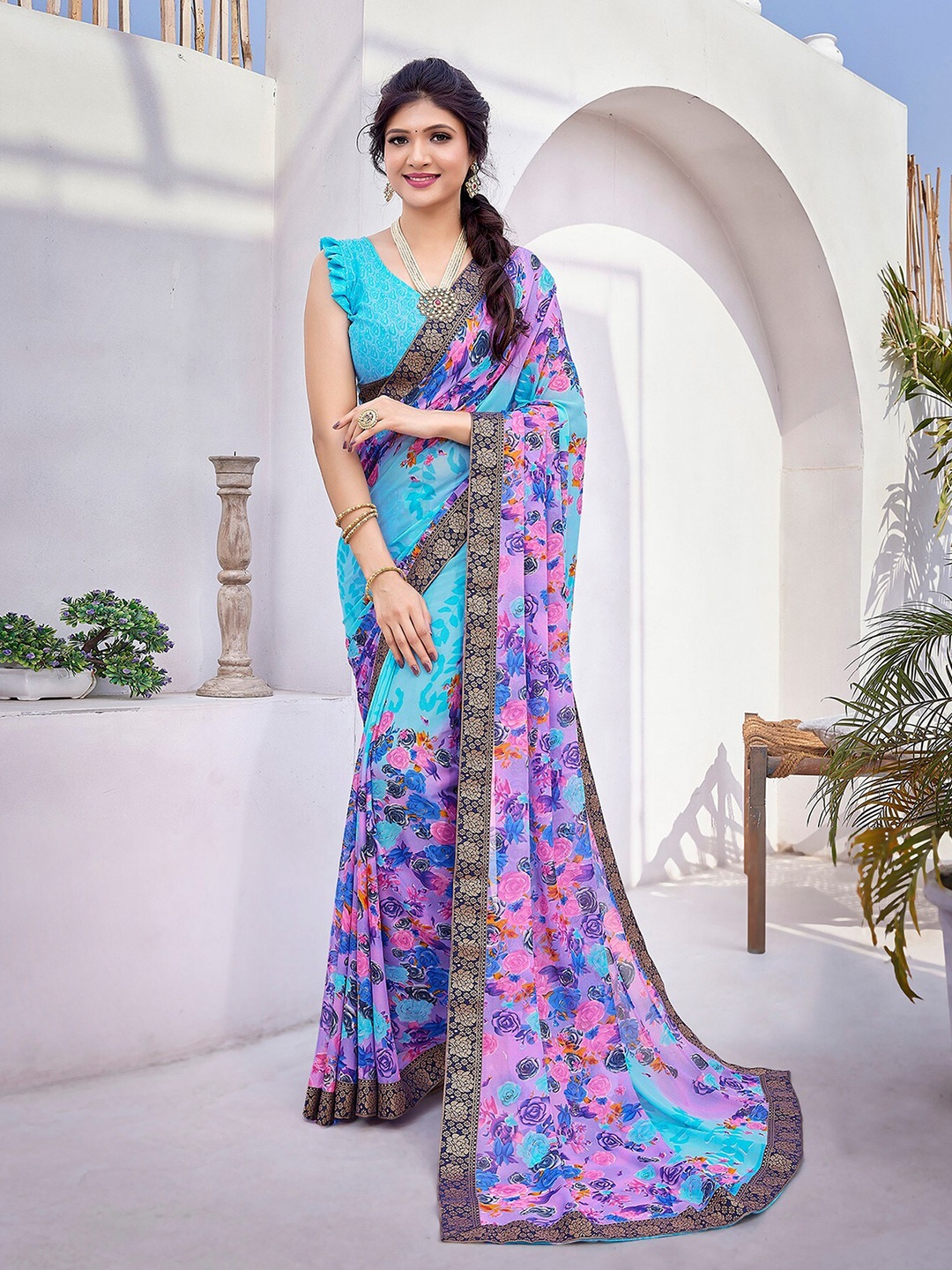 

KALINI Floral Printed Saree, Blue