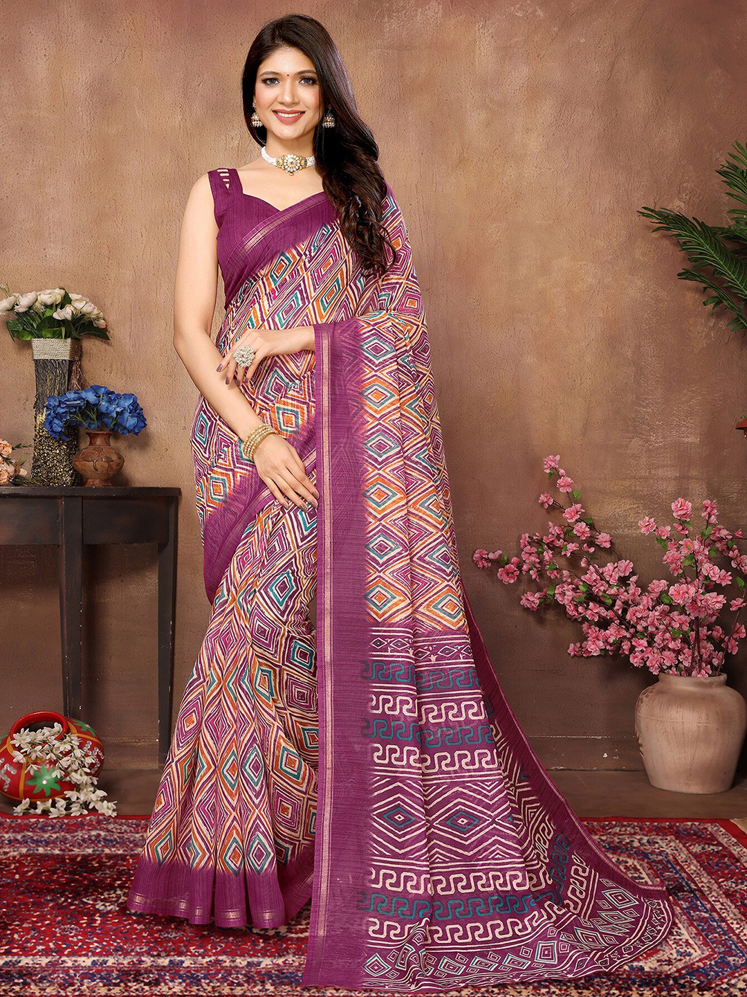 

KALINI Geometric Printed Zari Saree, Purple