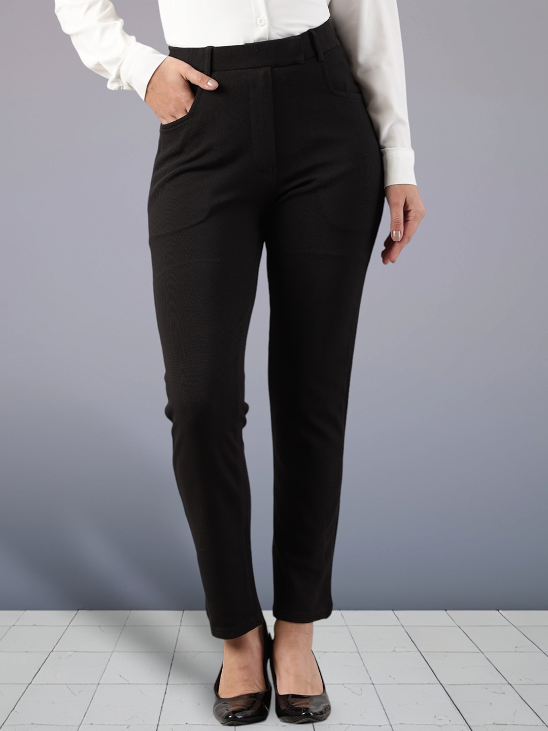 

FITHUB Women High-Rise Wrinkle Free Cotton Trousers, Black