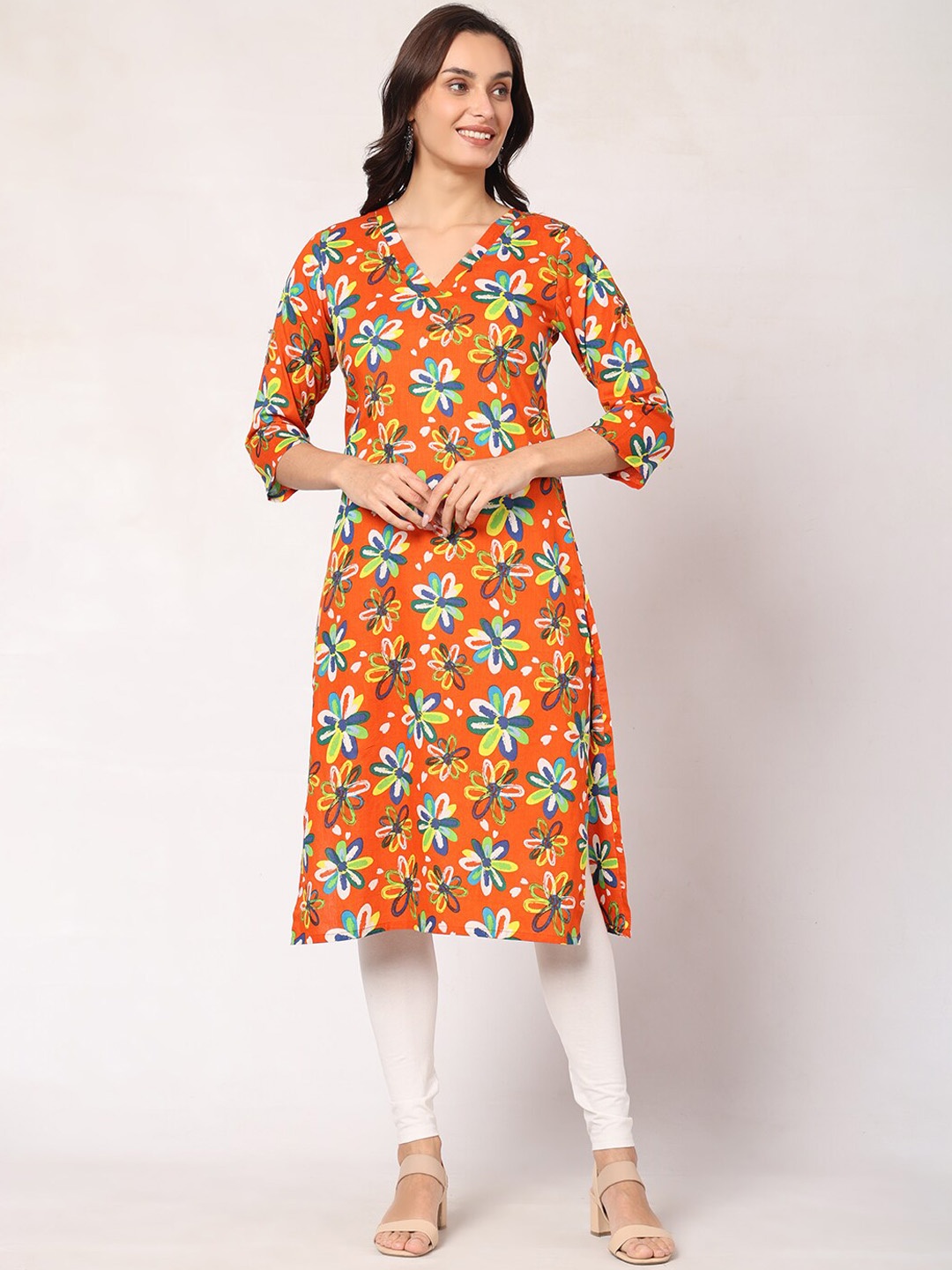 

GOCHIKKO Floral Printed Cotton Straight Kurta, Orange
